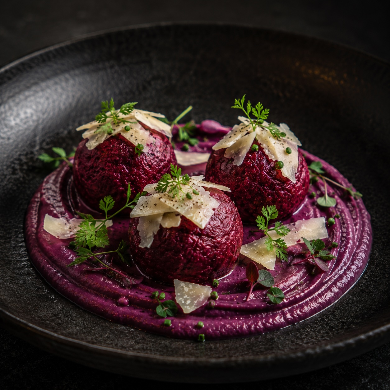 Modern angerichtete Rote-Rüben-Knödel auf violetter Urkarottencreme