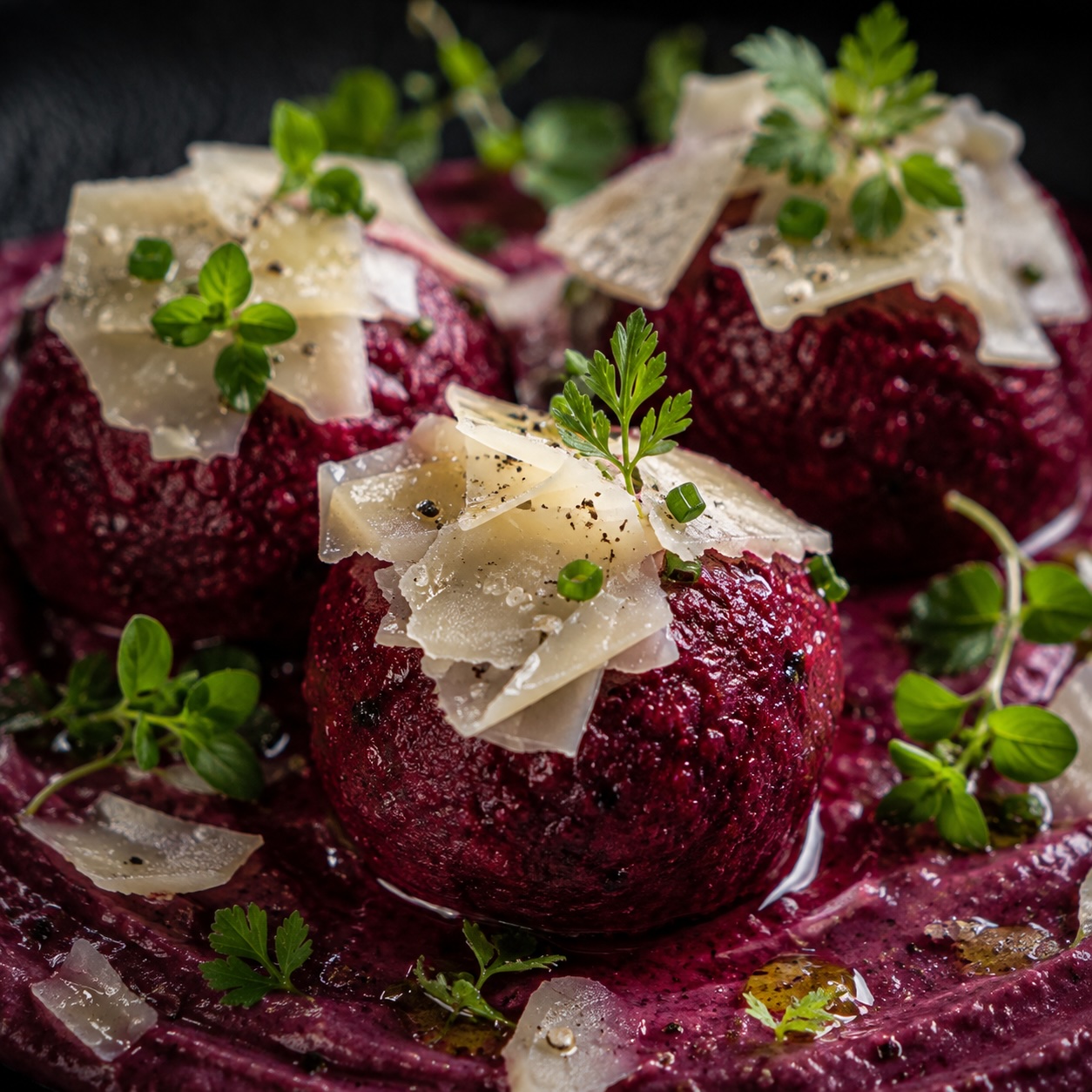 Fein gehobelter Bergkäse auf frisch gegarten Rote-Rüben-Knödeln