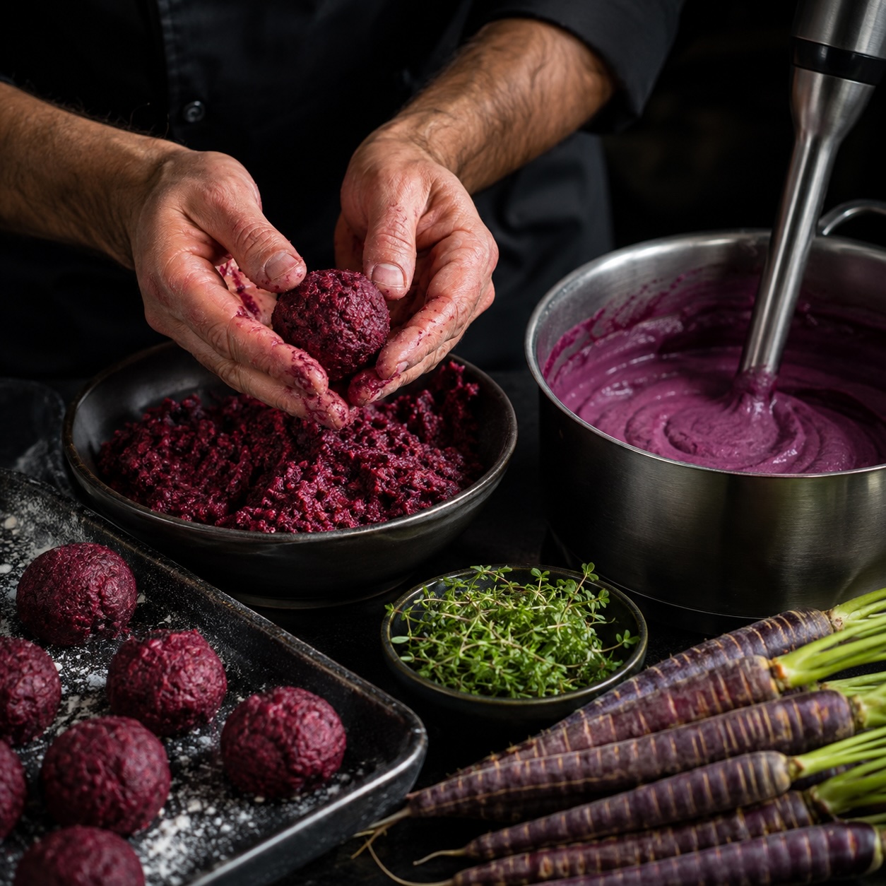 Die Zubereitung von Rote-Rüben-Knödeln und violetter Urkarottencreme in der Profiküche