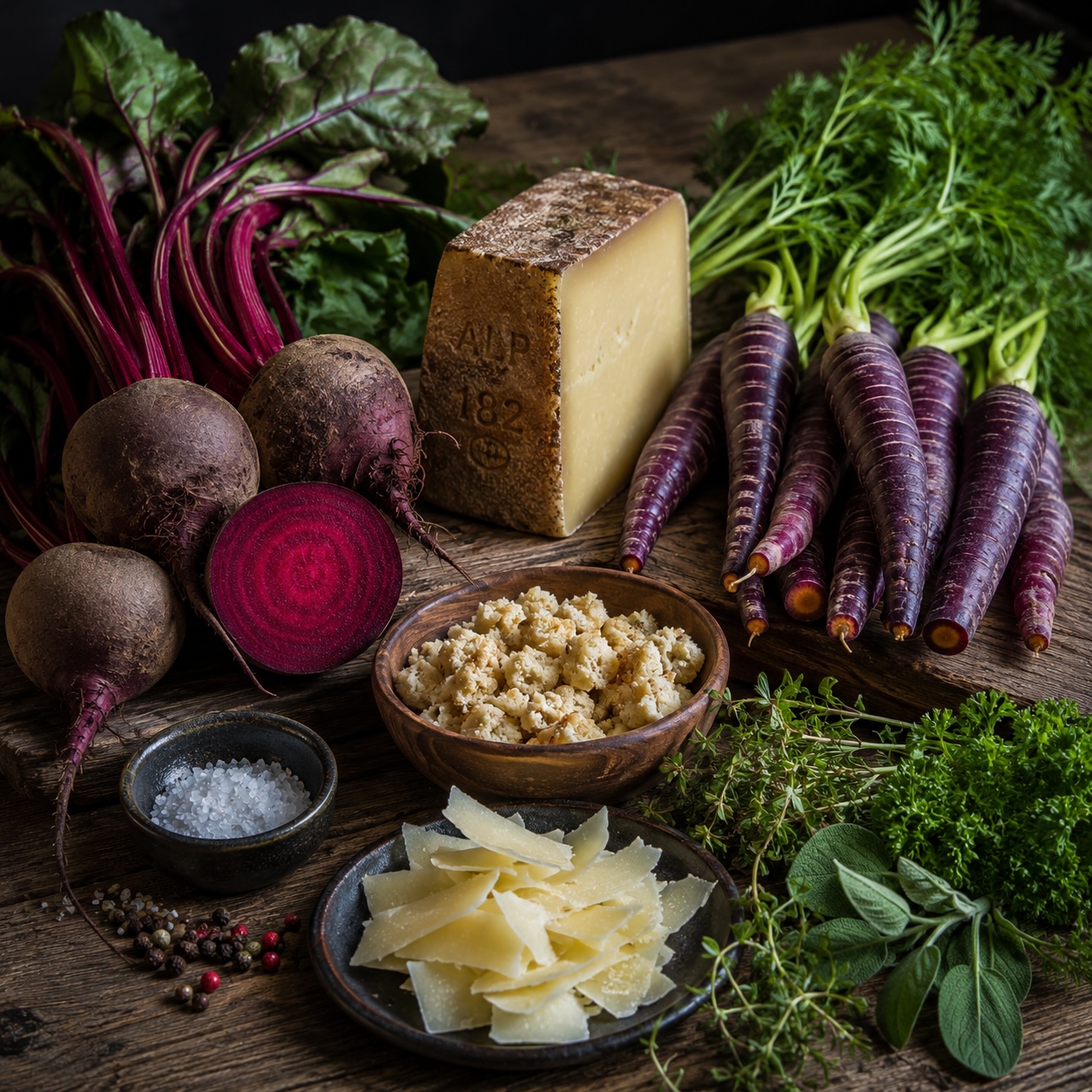 Rote Rüben, violette Urkarotten, Bergkäse und frische Kräuter auf einem rustikalen Holztisch