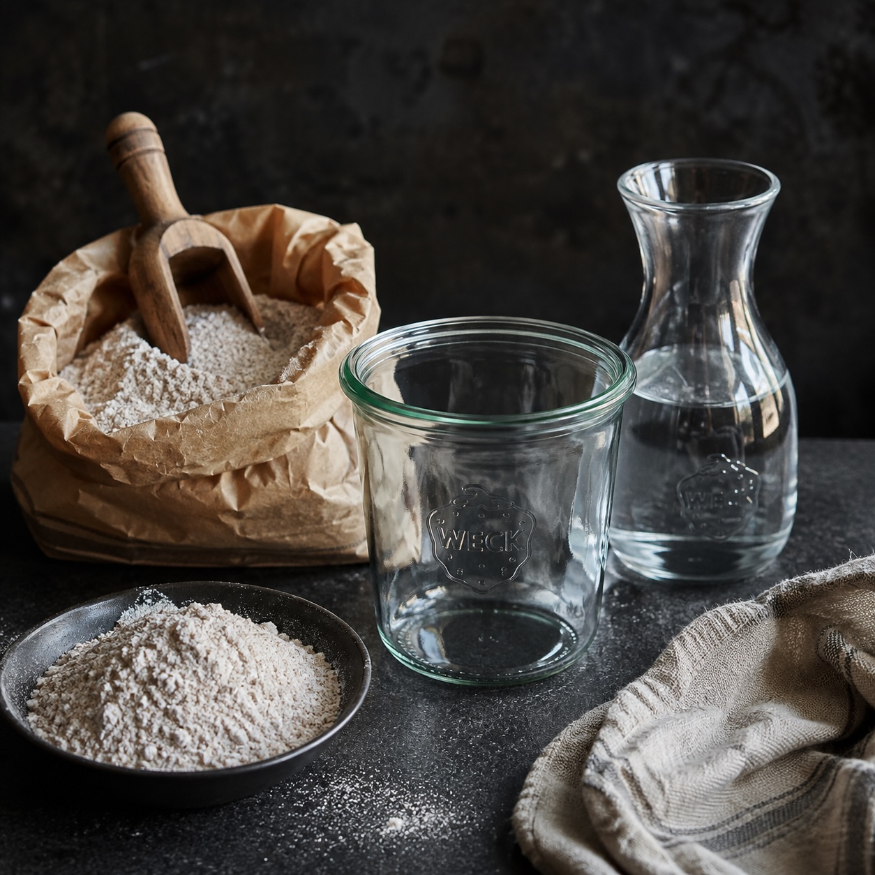 Roggenvollkornmehl und Wasser zum Ansetzen von Sauerteig
