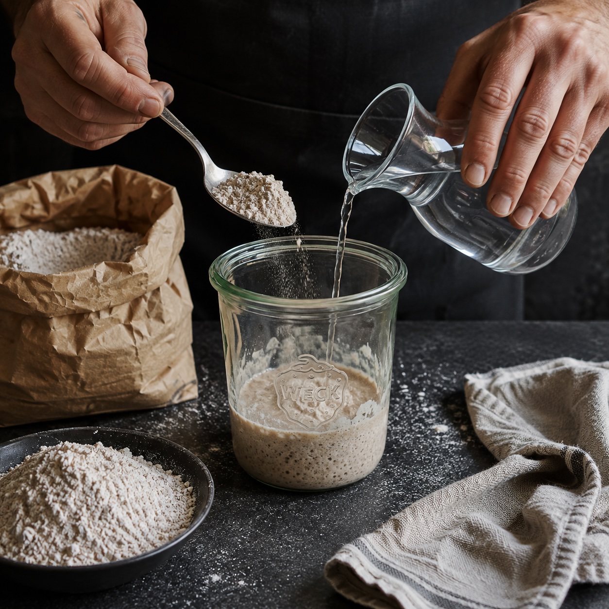 Sauerteigstarter mit Roggenmehl und Wasser füttern