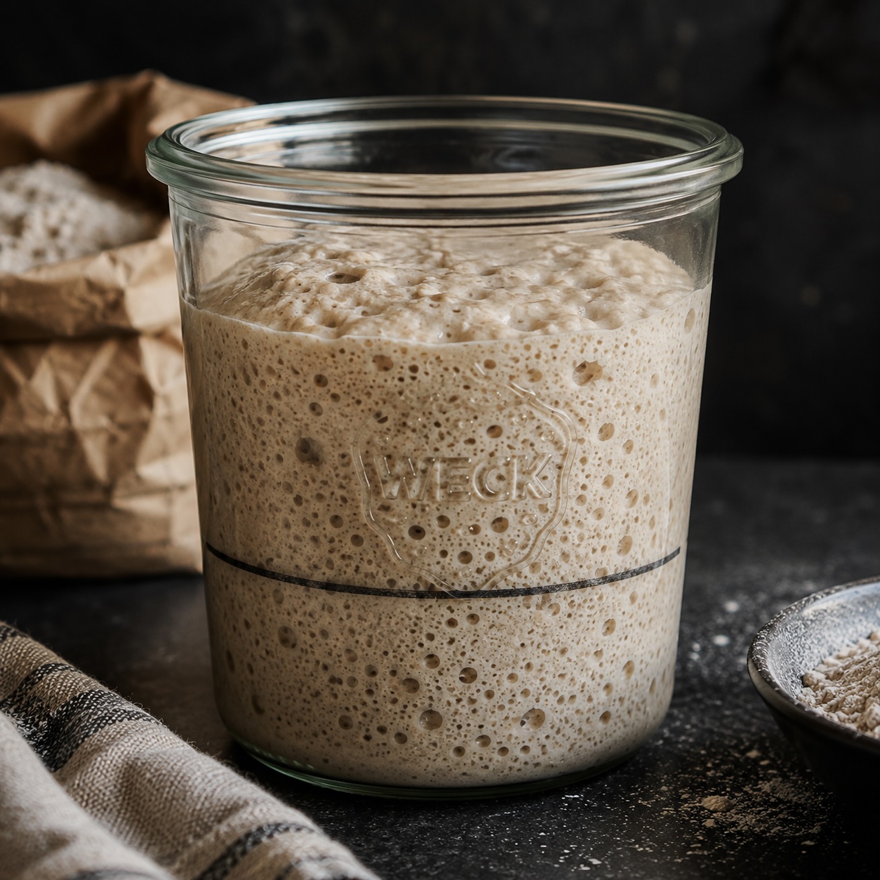 Aktiver Sauerteigstarter mit sichtbaren Blasen