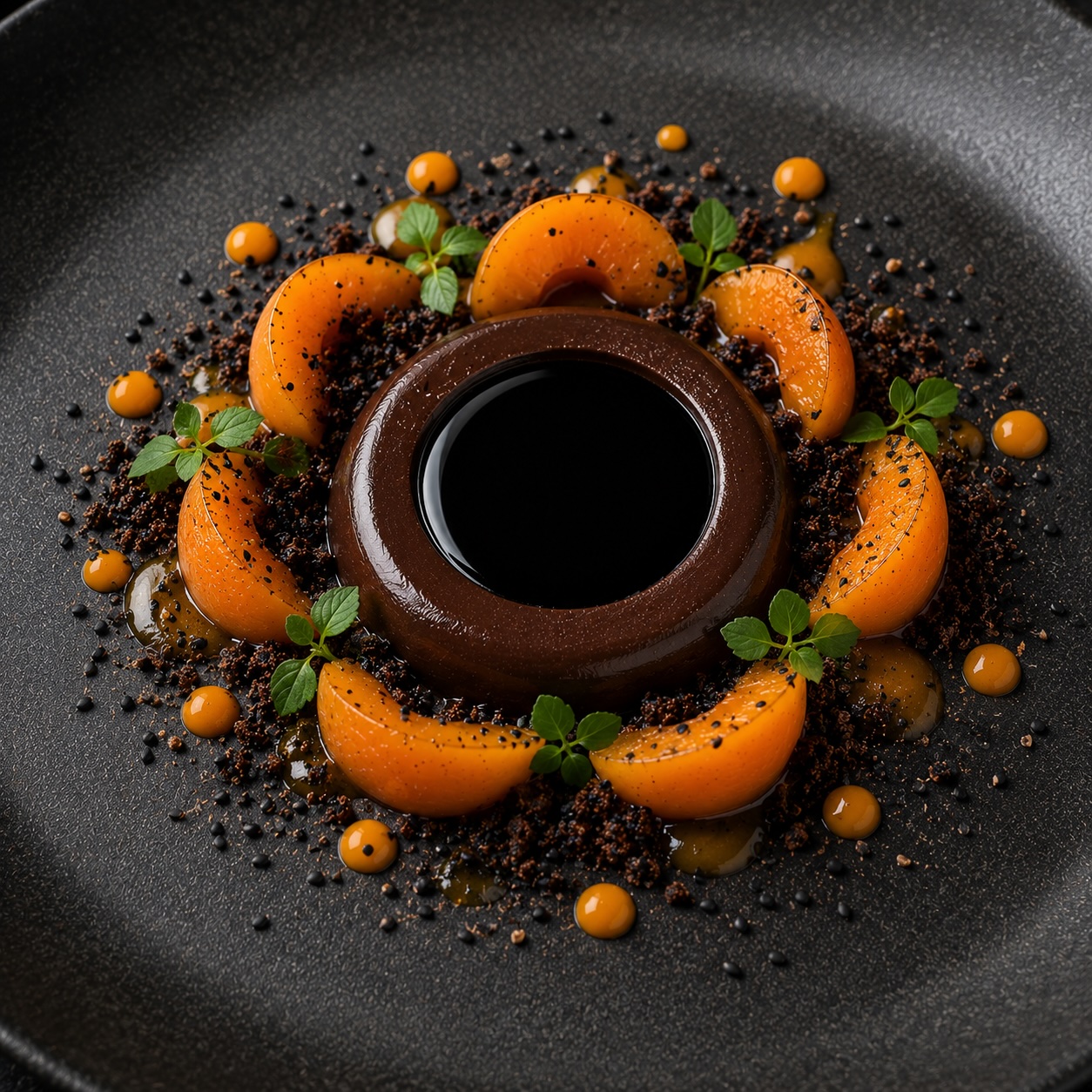 Dessert aus dunkler Schokolade, Marillen und schwarzem Sesam