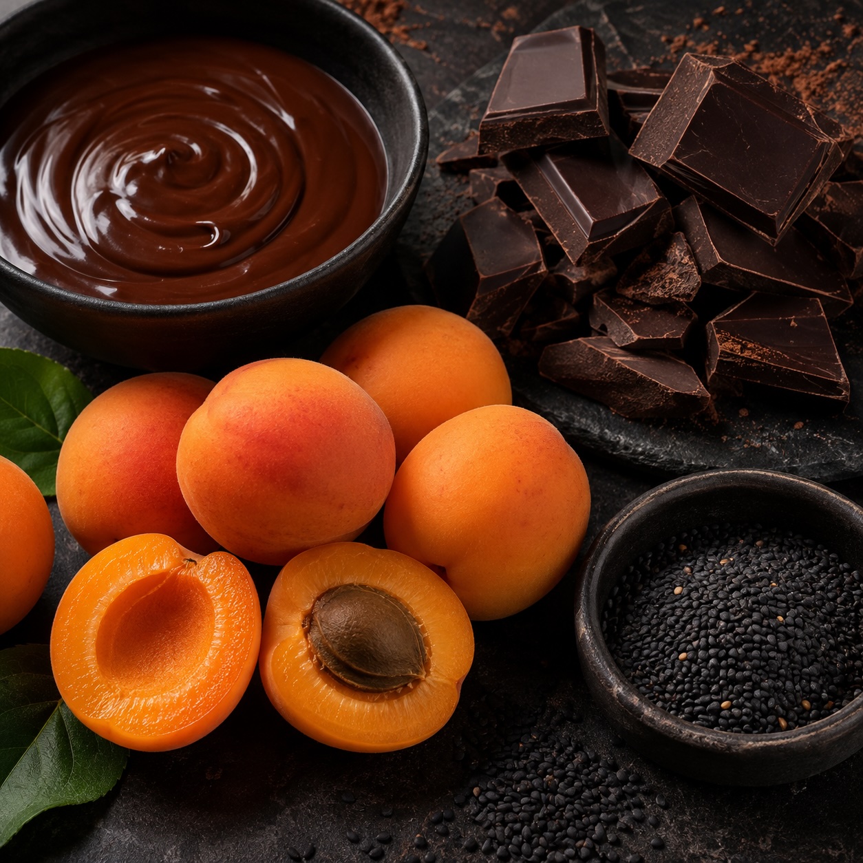 Marillen, Schokolade und schwarzer Sesam als Grundlage des Desserts