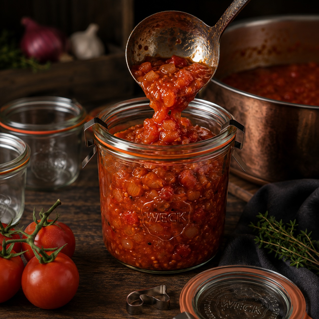 Heißes Tomaten-Chutney wird in ein Rex-Glas gefüllt