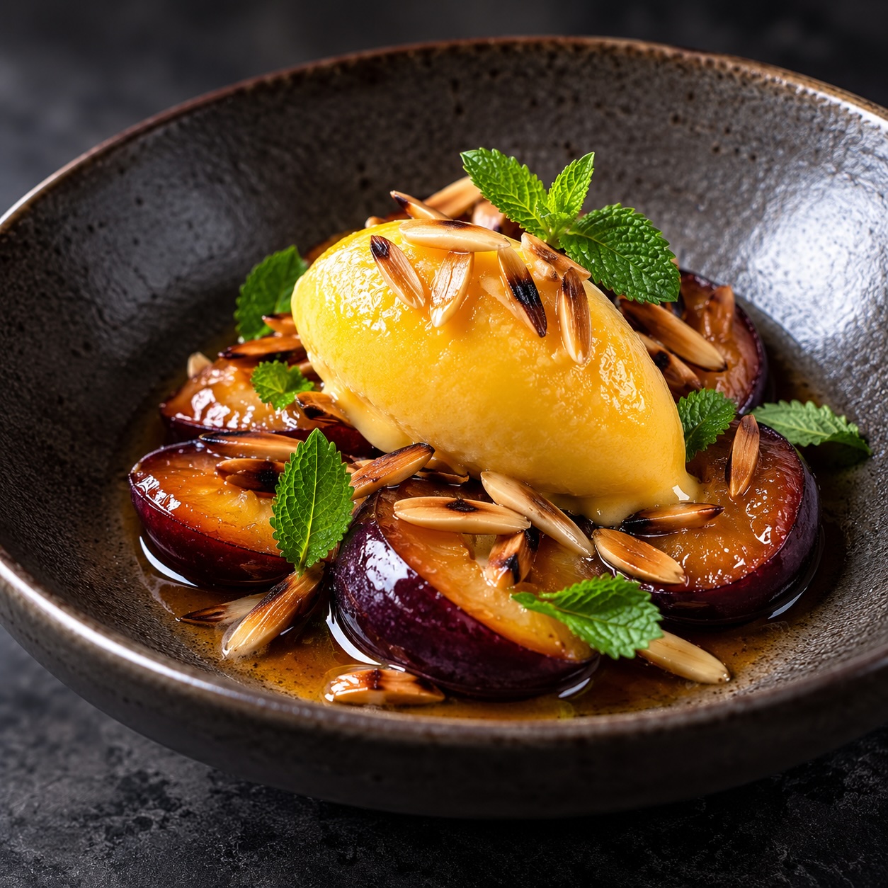 Honig-Zwetschken mit Passionsfruchtsorbet und gerösteten Mandelstiften