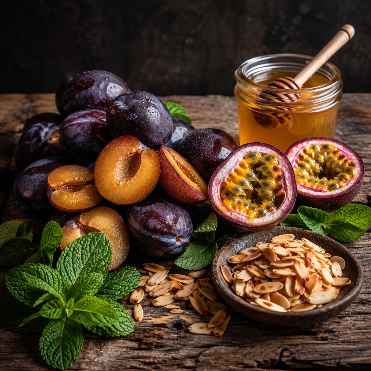 Frische Zwetschken, Passionsfrüchte und Honig als Zutaten für das Dessert.