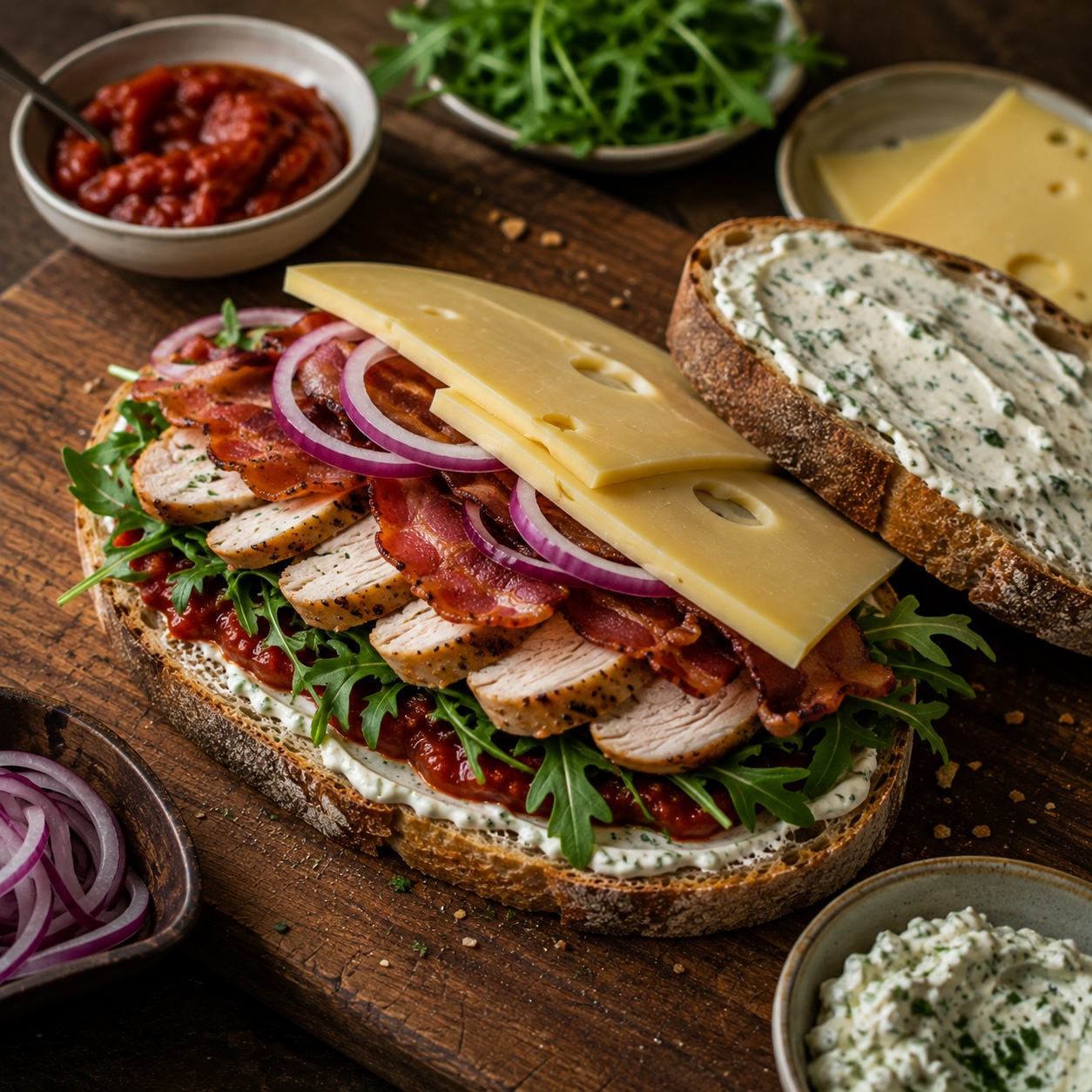 Das Sandwich wird mit Tomaten-Chutney, Speck, Bergkäse und Rucola belegt.