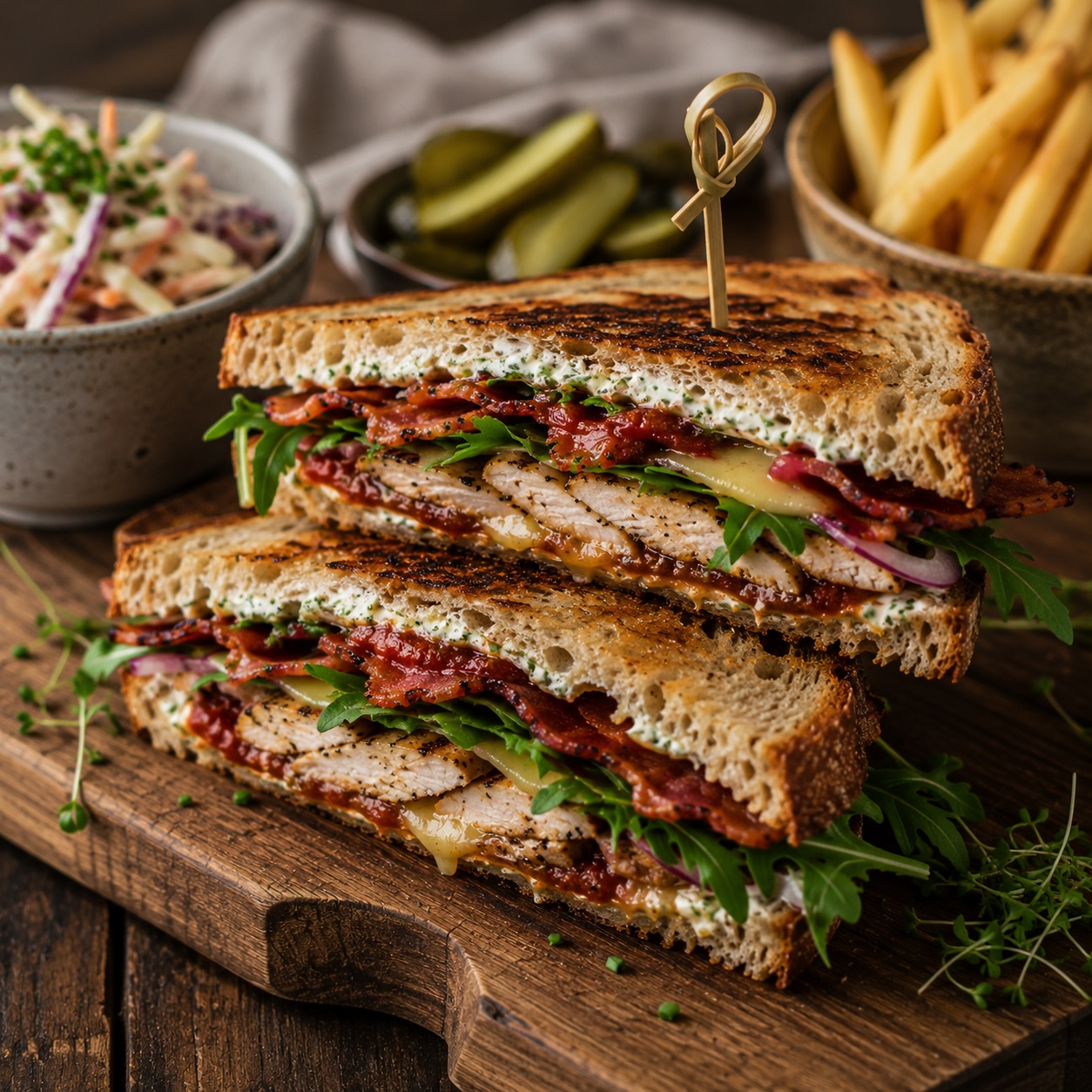 Knuspriges Sauerteig-Sandwich mit Huhn, Speck und Bergkäse