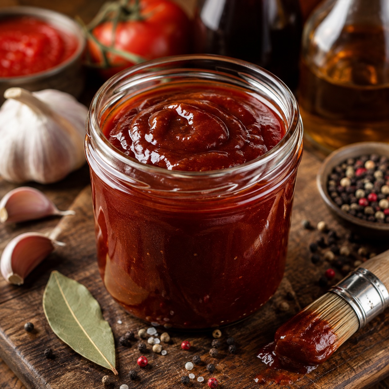 Hausgemachte BBQ Sauce im Glas mit Tomaten, Gewürzen und Grillzutaten