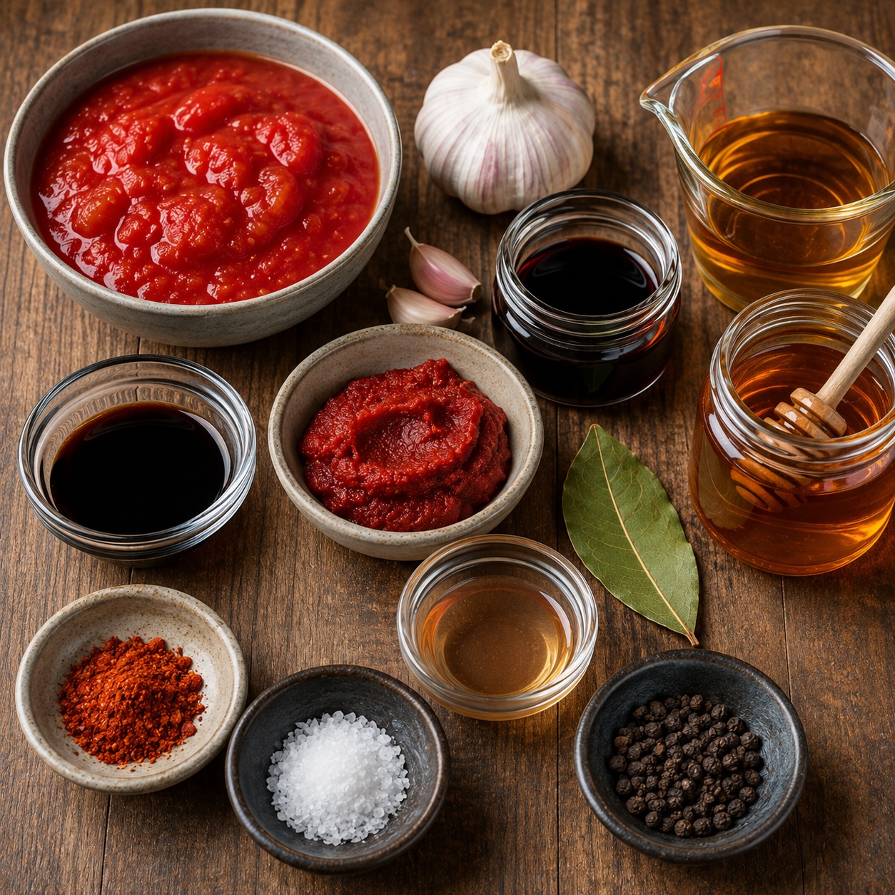 Zutaten für hausgemachte BBQ Sauce mit Tomaten, Honig, Balsamico und Gewürzen