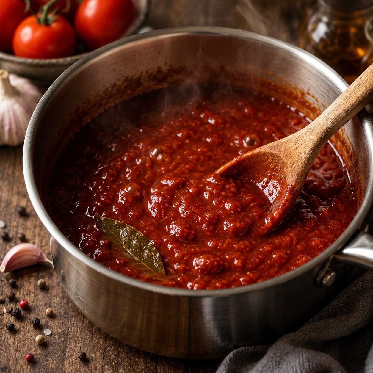 Hausgemachte BBQ Sauce beim Einkochen im Topf