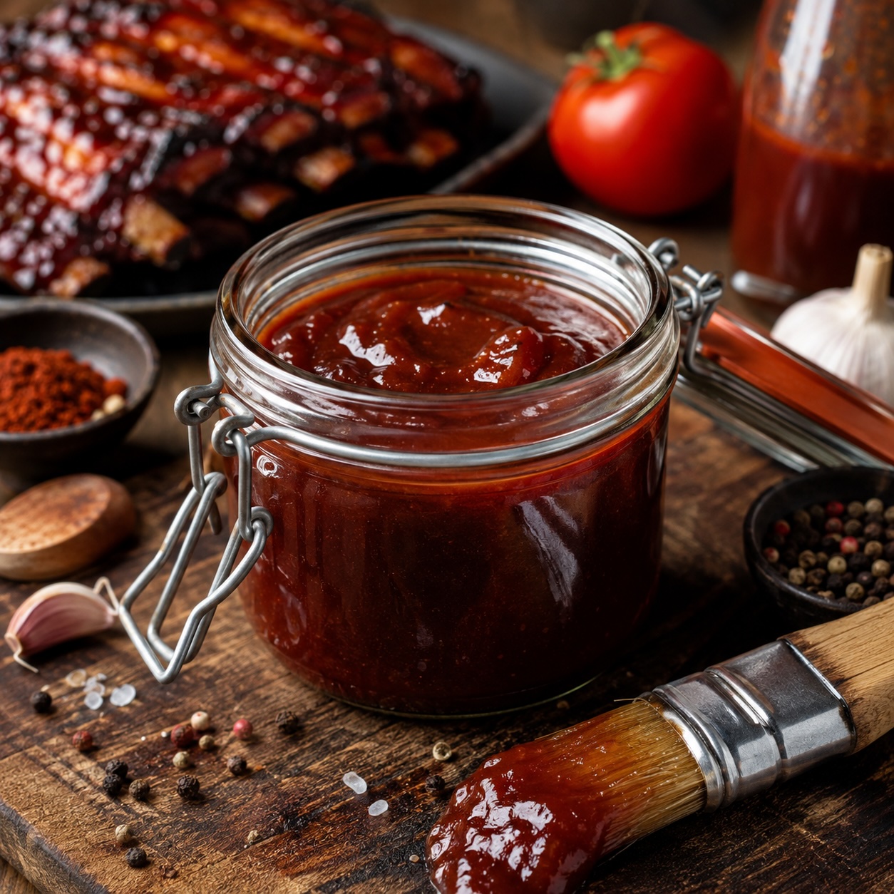 Hausgemachte rauchige BBQ Sauce im Glas zum Grillen