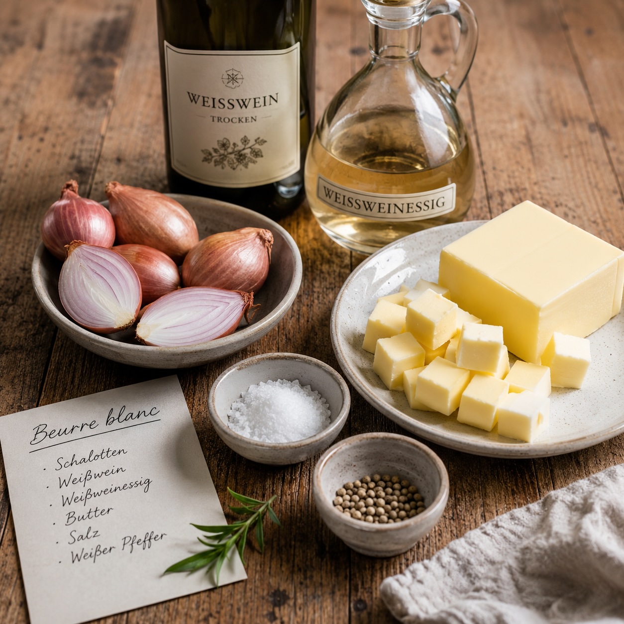 Butter, Schalotten, Weißwein und Essig als Grundlage für eine Beurre blanc