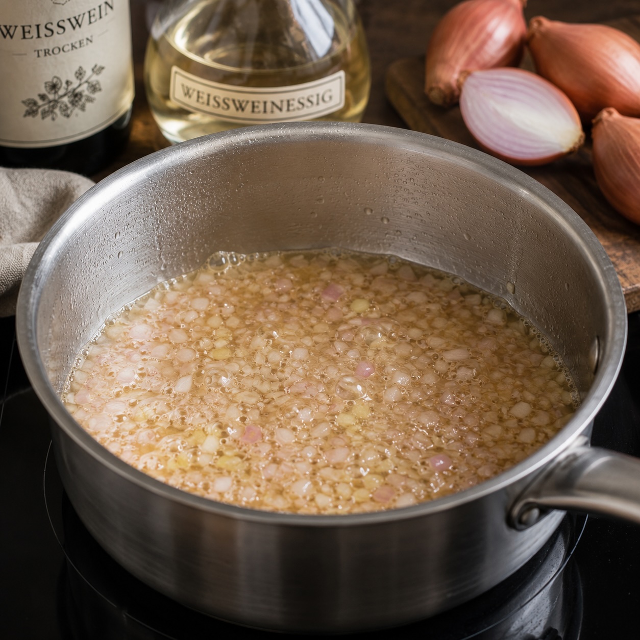 Die Reduktion aus Weißwein, Essig und Schalotten bildet die Basis der Sauce