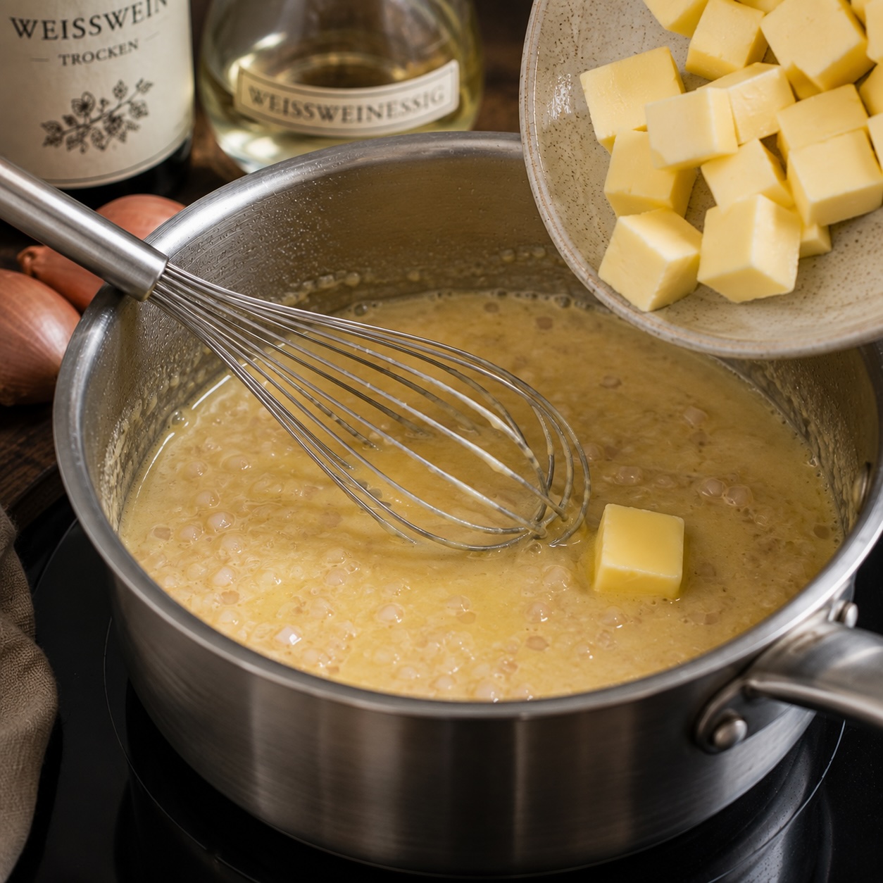 Die kalte Butter wird nach und nach in die Reduktion eingerührt