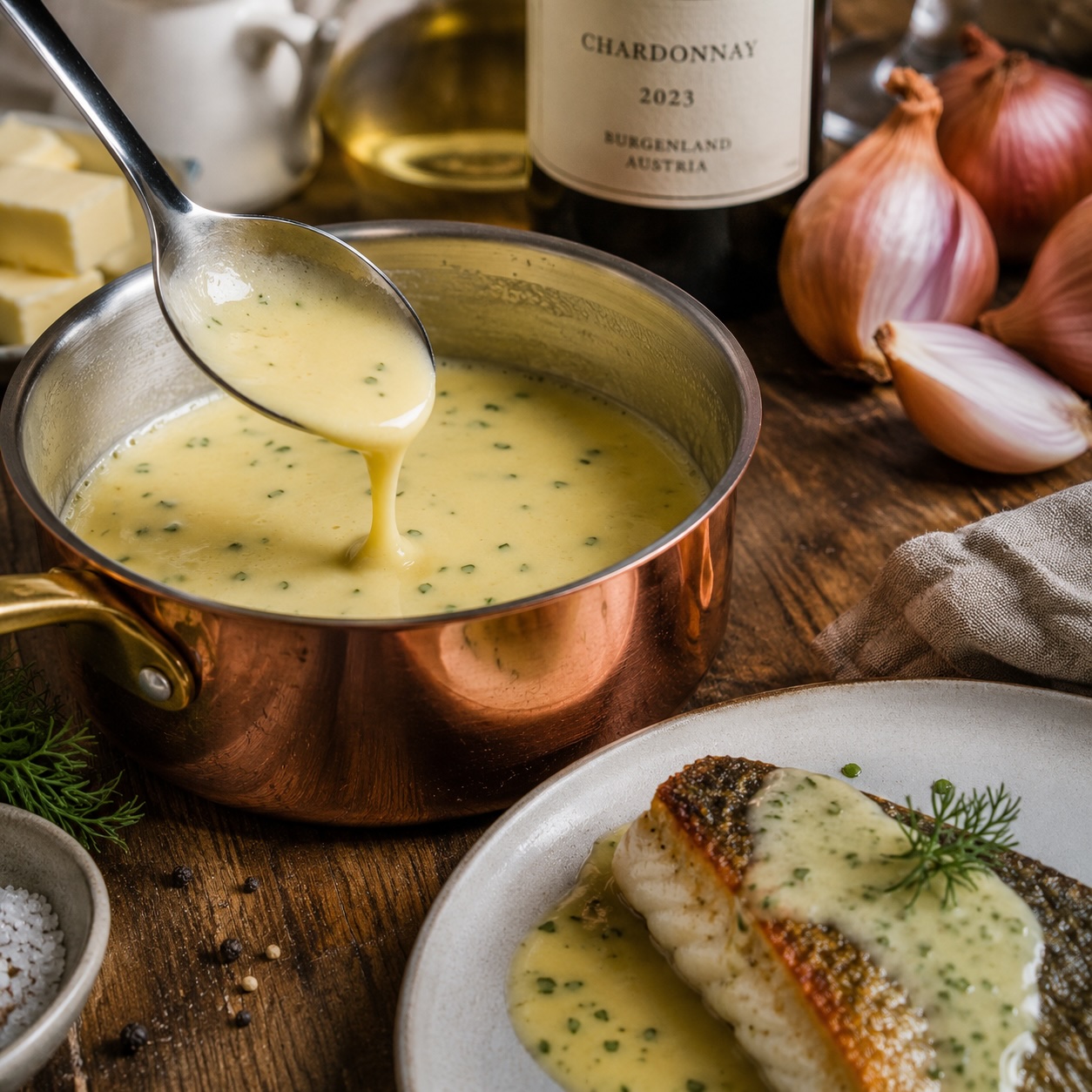 Cremige Beurre-blanc-Sauce aus Butter, Weißwein und Schalotten