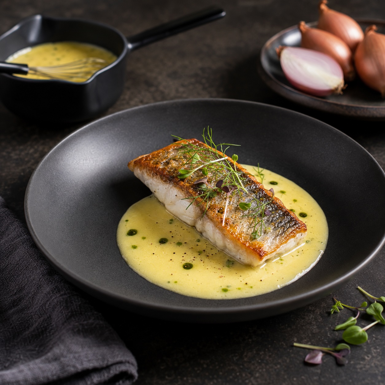 Die fertige Beurre blanc wird zu einem gebratenen Fischfilet serviert