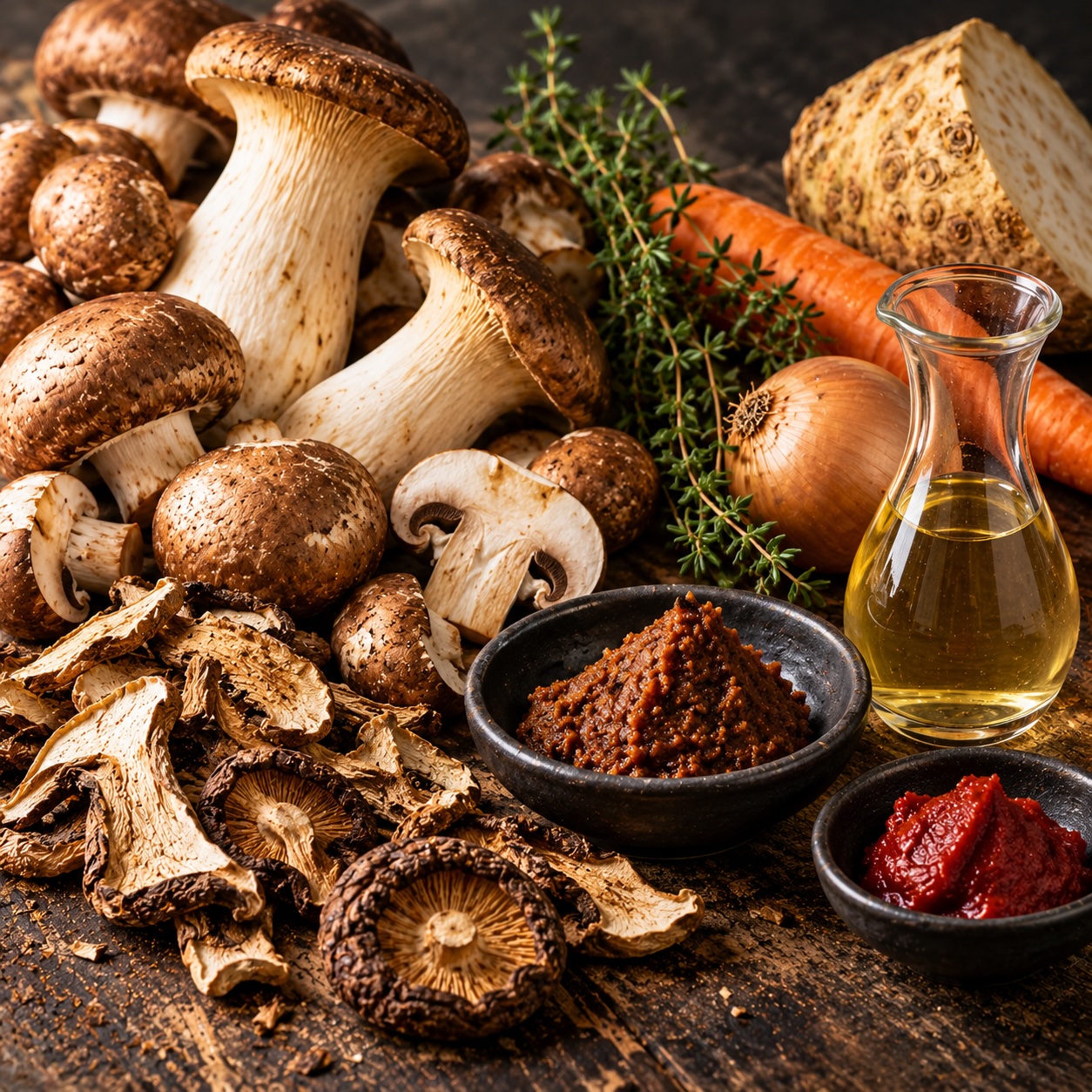 Frische und getrocknete Pilze mit Gemüse, Miso und Verjus für die Pilz-Jus