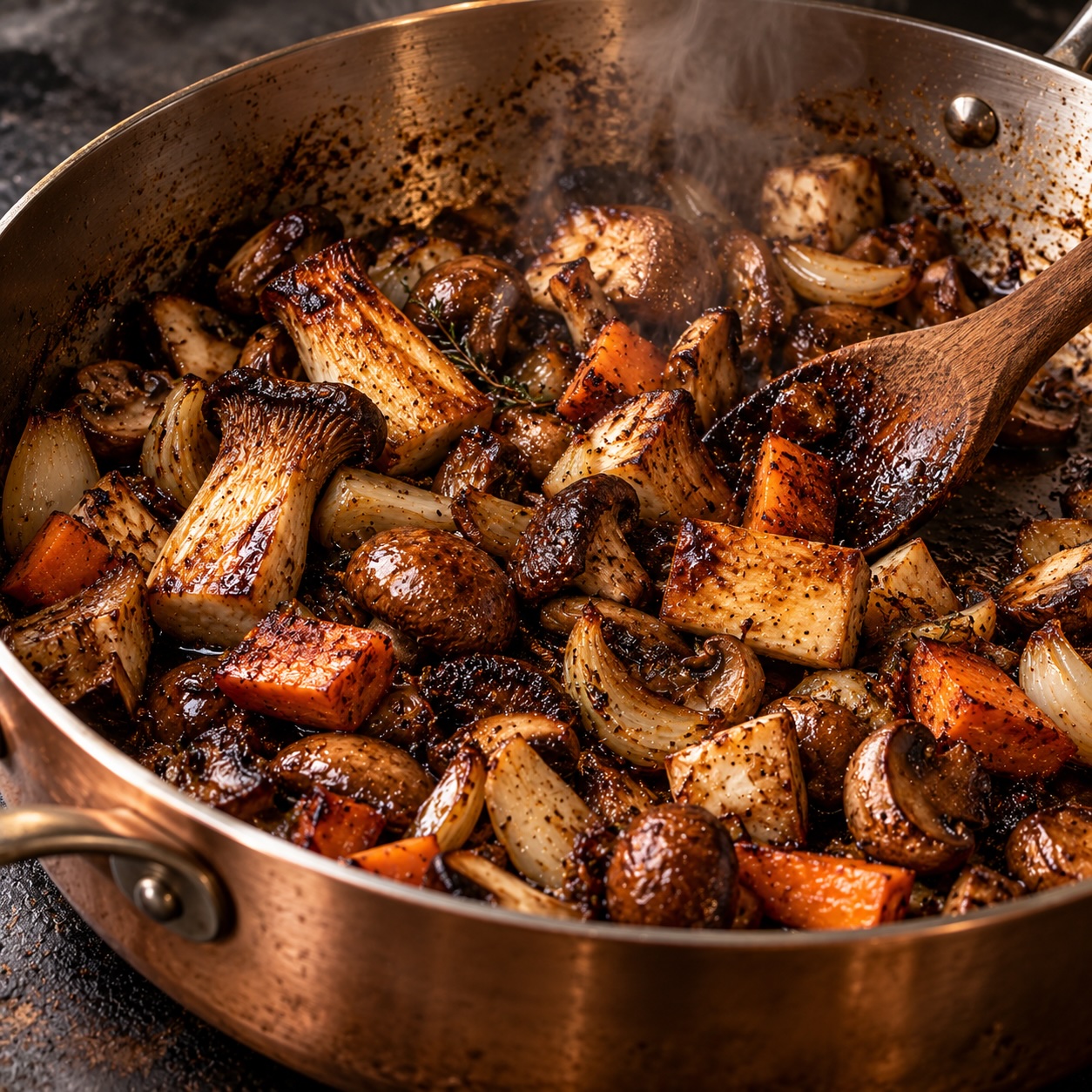 Geröstete Pilze und Wurzelgemüse beim Ansetzen der Pilz-Jus