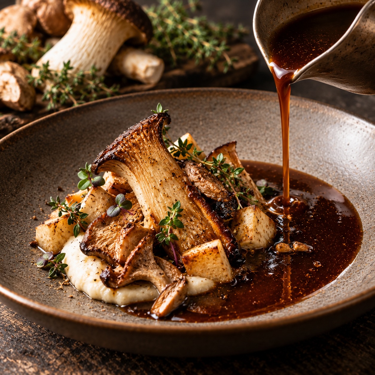 Pilz-Jus nach dem Kochen durch ein feines Sieb passieren