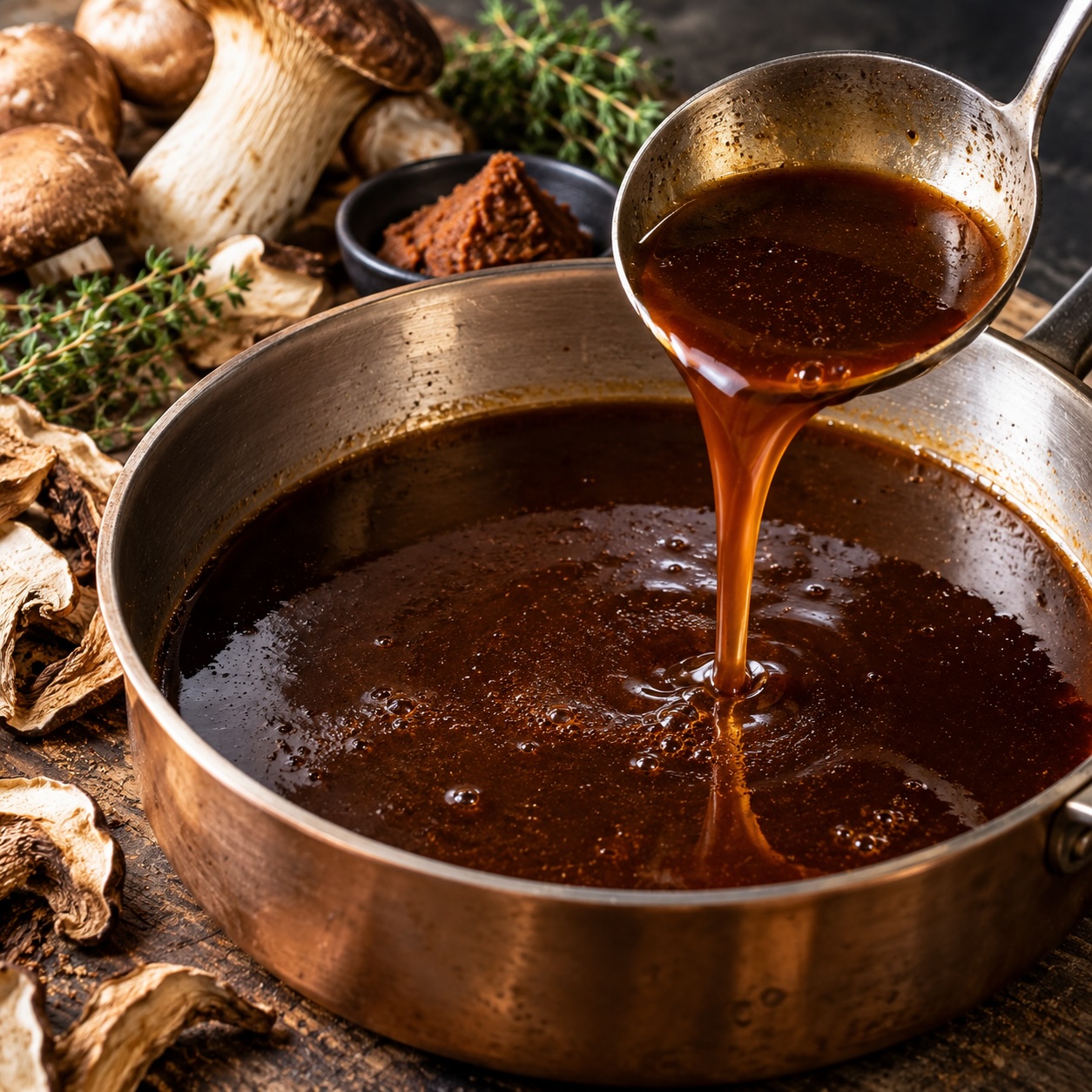 Dunkle Pilz-Jus mit gerösteten Pilzen, Shiitake, Steinpilzen und Miso