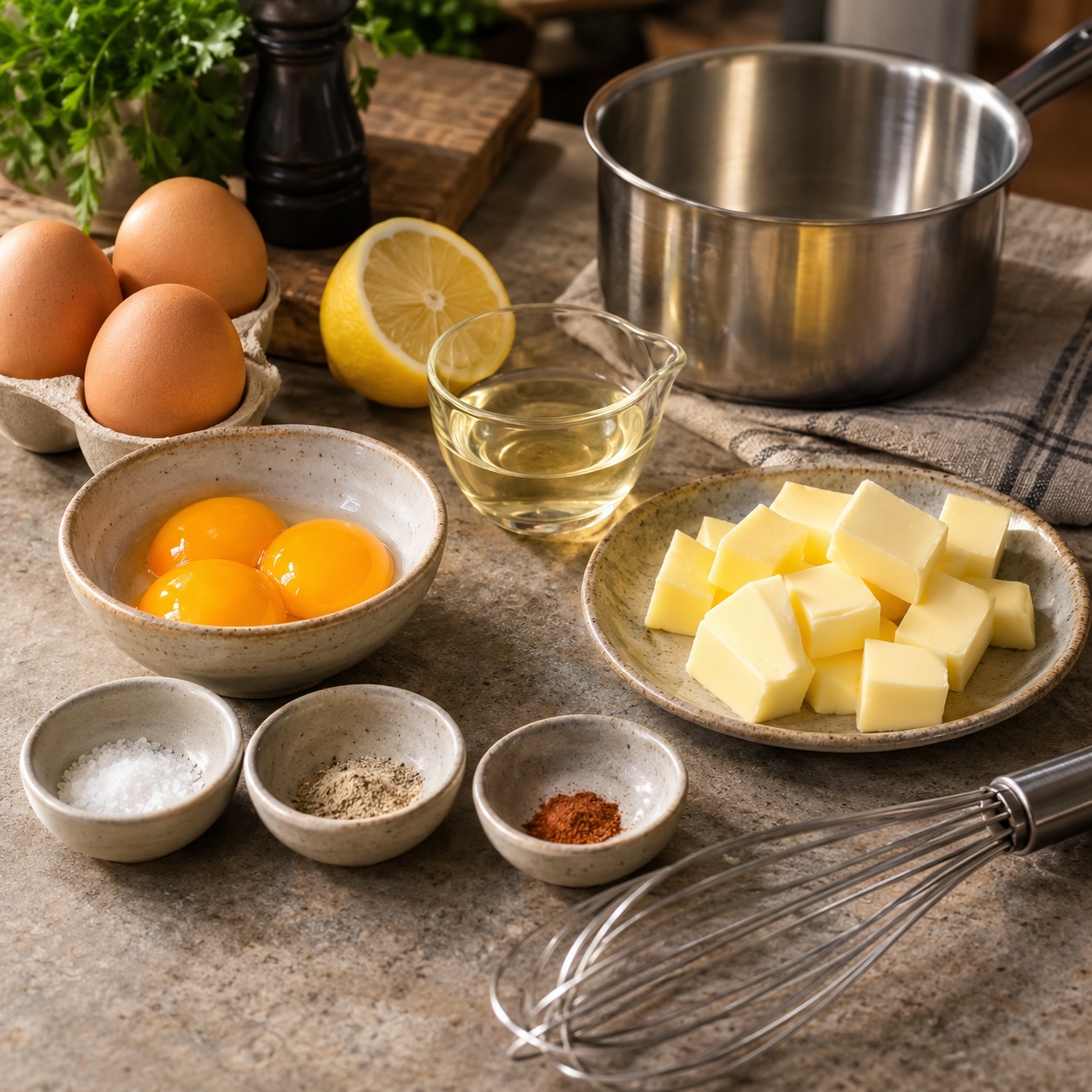 Zutaten für Sauce Hollandaise mit Eigelb, Butter, Zitrone und Weißwein
