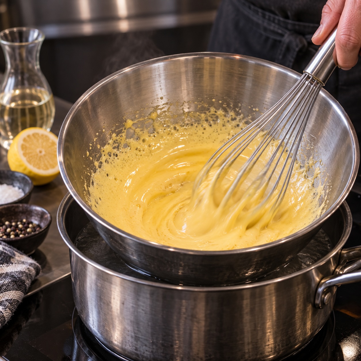 Eigelb für Sauce Hollandaise über dem Wasserbad cremig aufgeschlagen