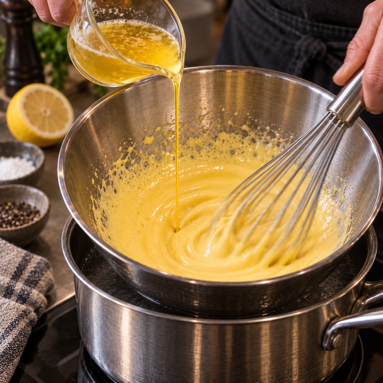 Warme Butter wird langsam in die aufgeschlagene Eigelbmasse eingearbeitet