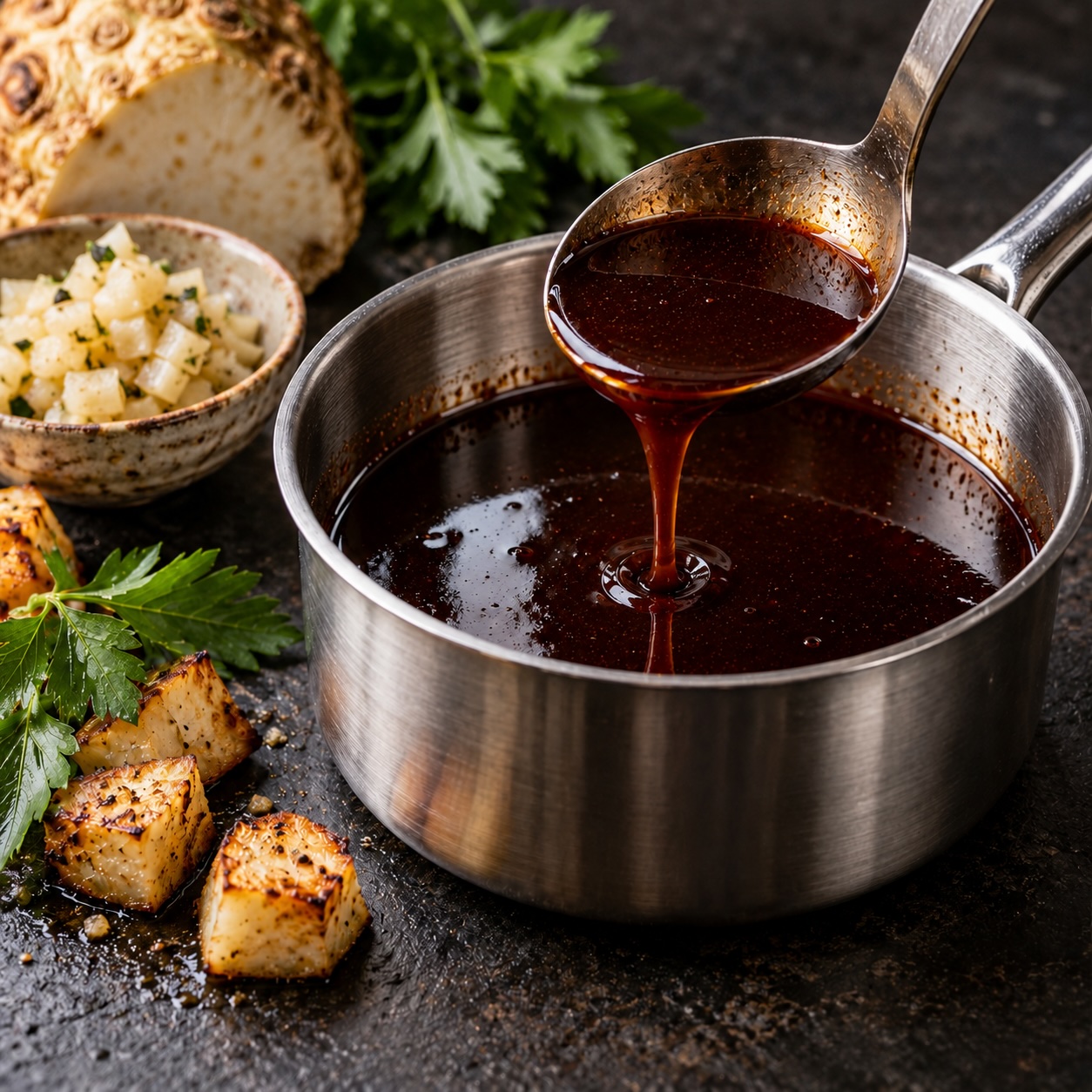 Dunkle Sellerie-Jus mit fermentiertem Sellerie und Verjus im Topf