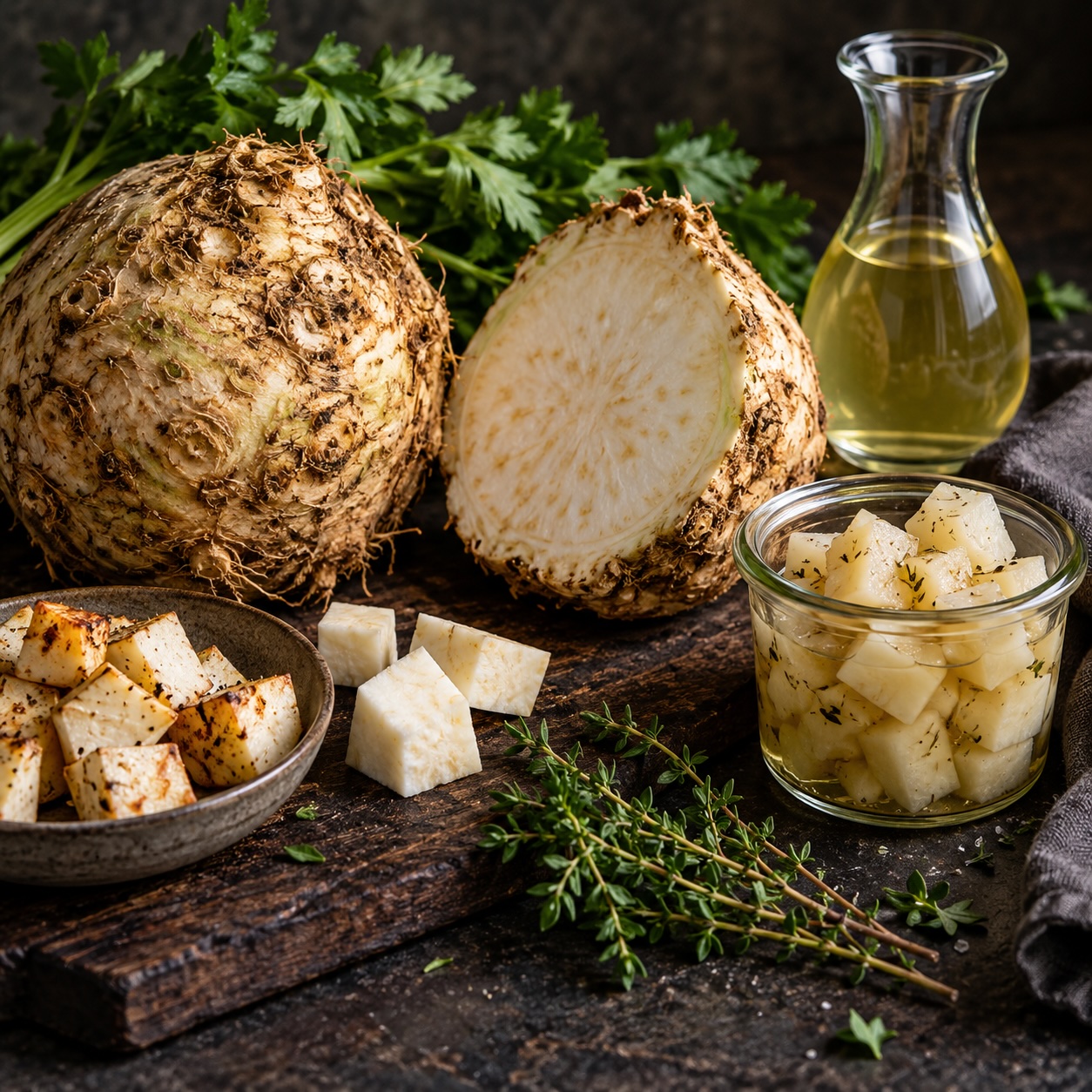Knollensellerie, fermentierter Sellerie und Verjus für die Sellerie-Jus