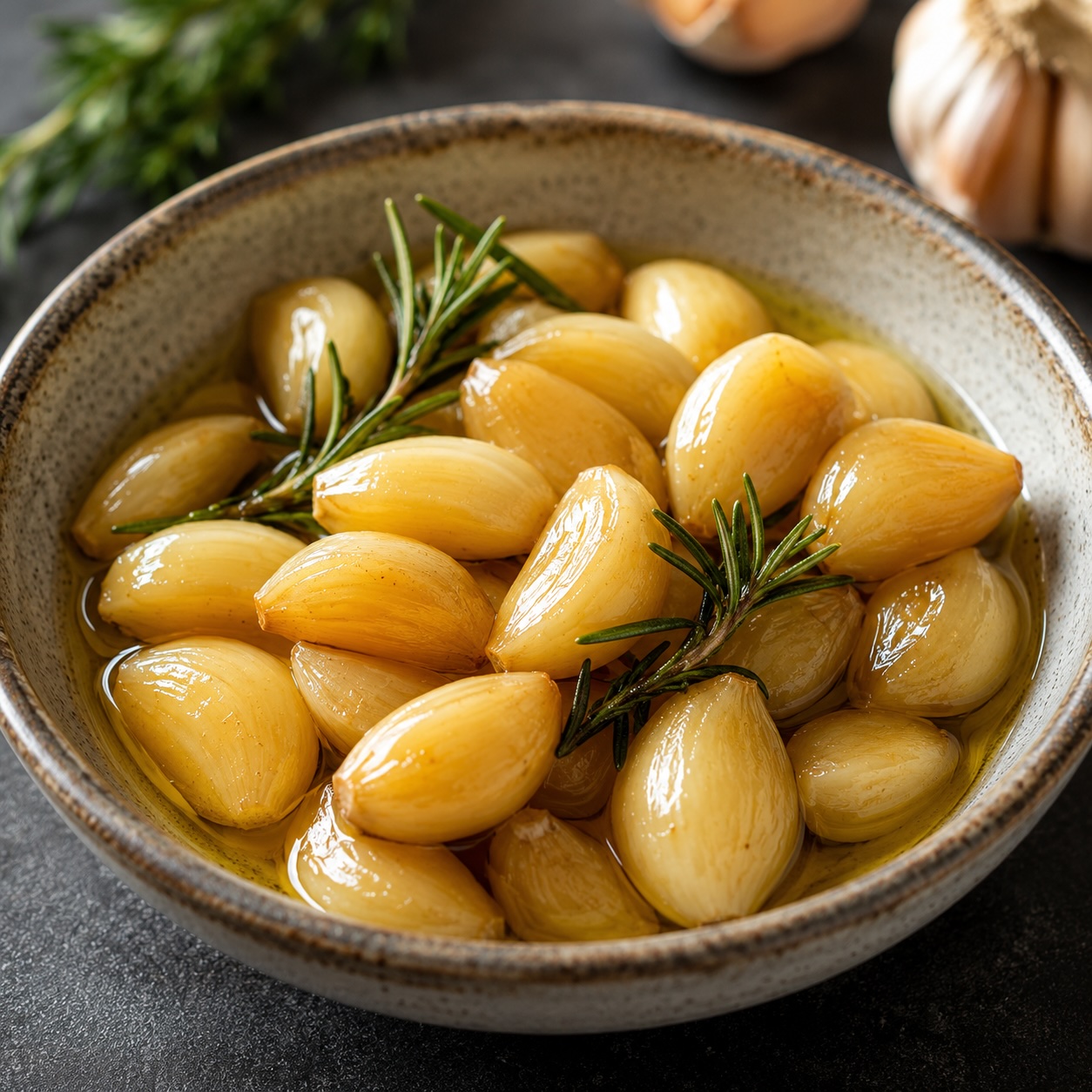 Mild gegarte Sous-vide-Knoblauchzehen mit Olivenöl und Rosmarin