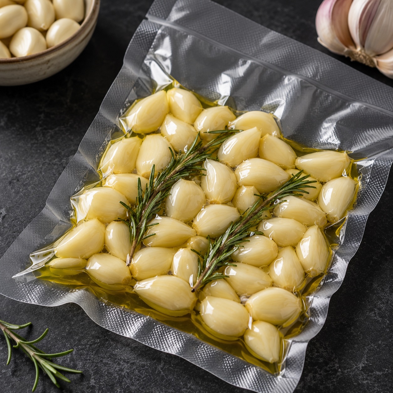 Blanchierte Knoblauchzehen mit Olivenöl und Rosmarin im Vakuumbeutel