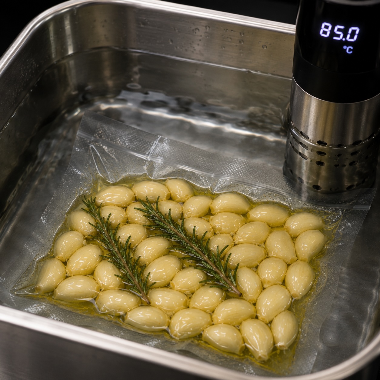 Vakuumierter Knoblauch beim Sous-vide-Garen bei 85 Grad