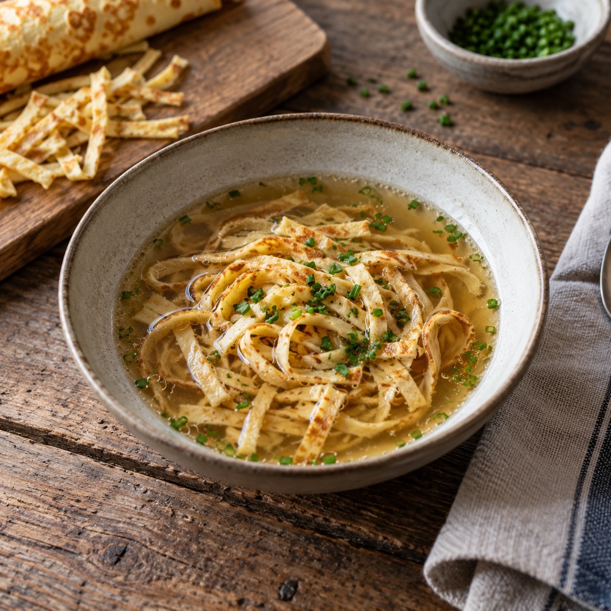 Frittaten aus dünnen Palatschinken als Einlage für klare Suppe