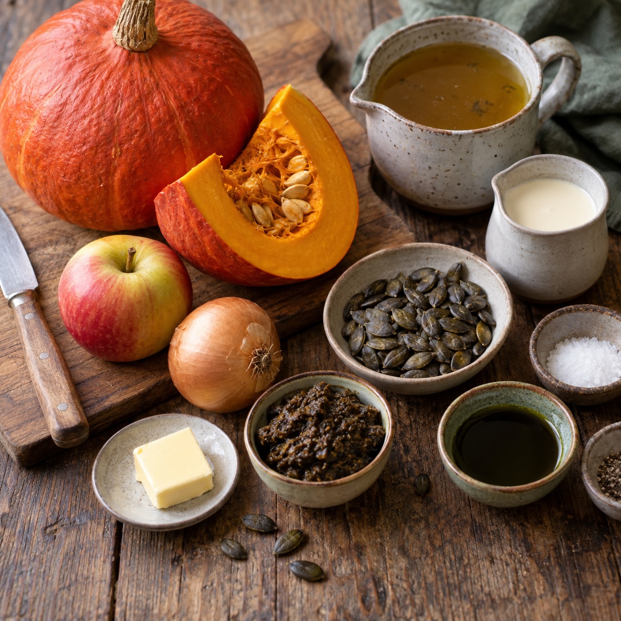 Zutaten für Kürbiscremesuppe mit Kürbiskernmiso, Apfel, Kürbiskernöl und Kürbiskernen
