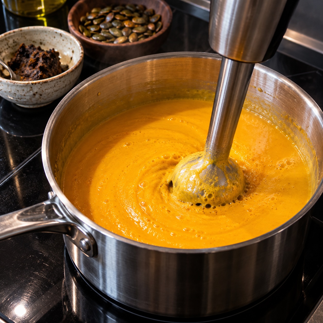 Kürbiscremesuppe beim feinen Mixen mit hausgemachtem Kürbiskernmiso