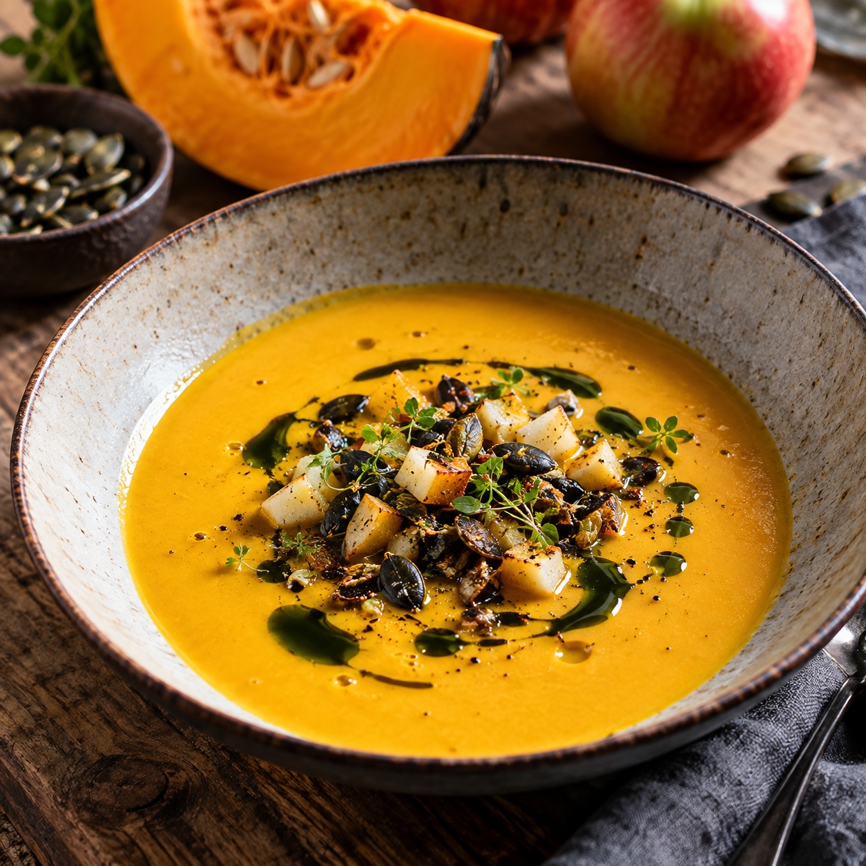 Fertige Kürbiscremesuppe mit Apfel, Kürbiskernöl und gerösteten Kürbiskernen