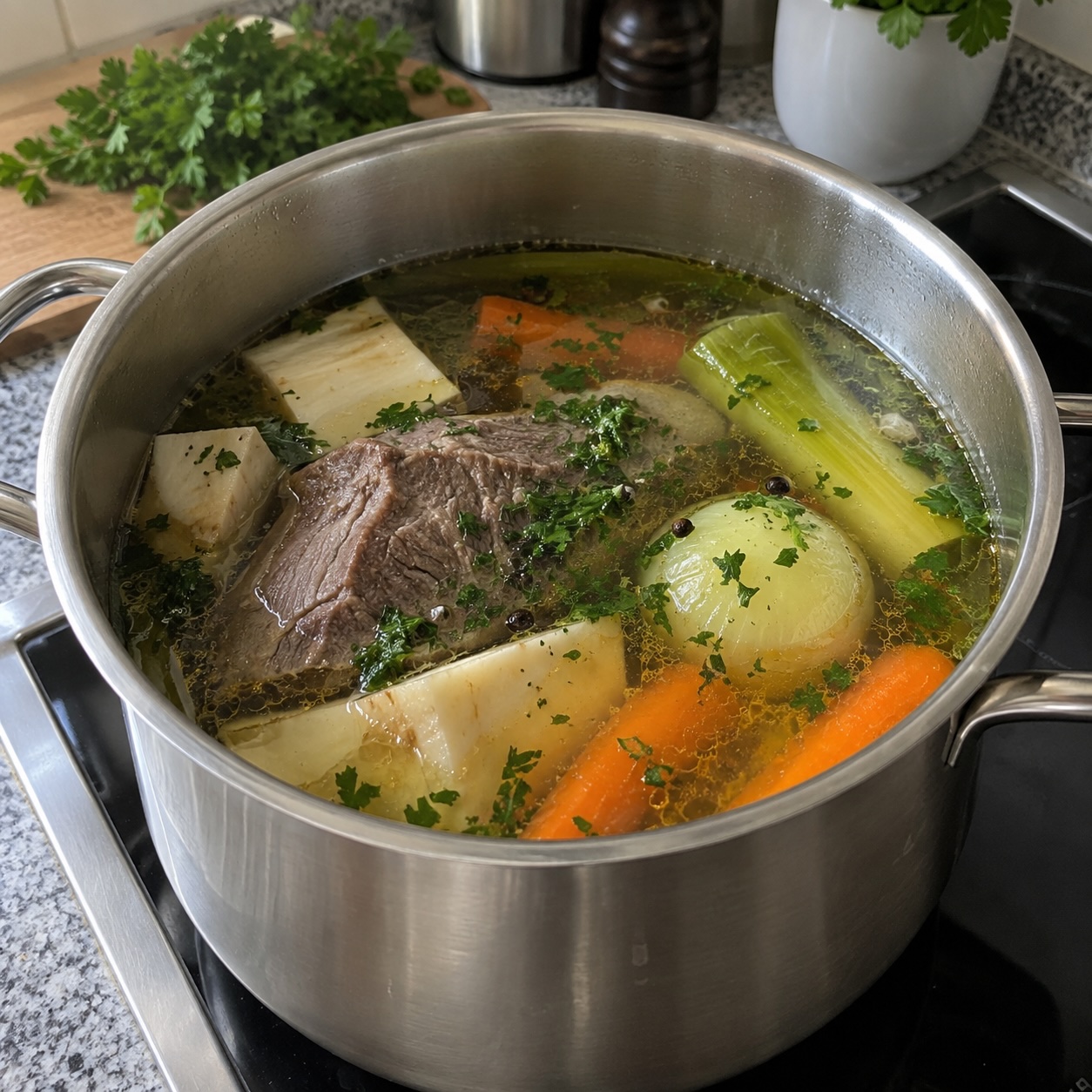 Klare Rindsuppe mit Rindfleisch und Wurzelgemüse