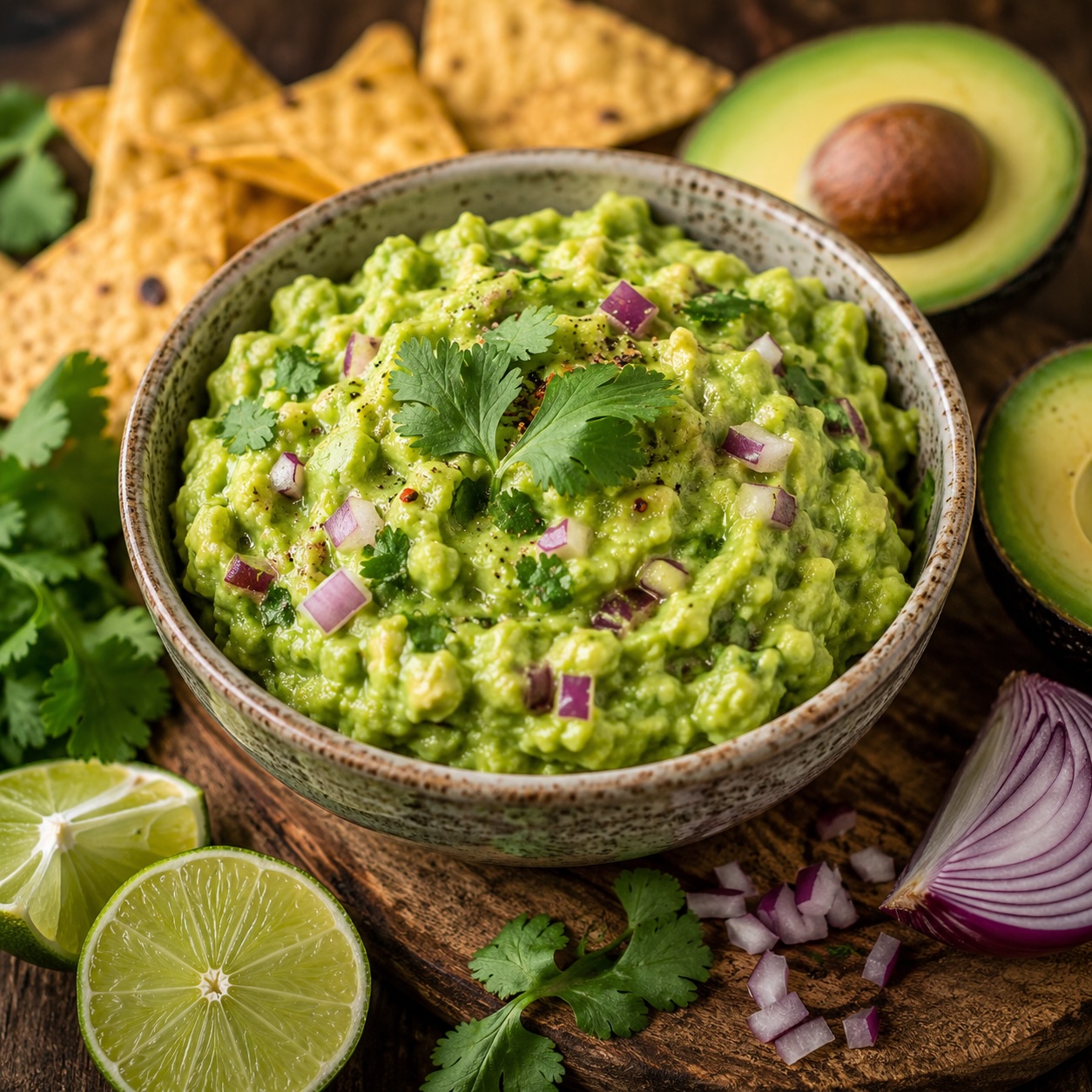 Frische Guacamole aus reifen Avocados mit Limette, roten Zwiebeln und Koriander