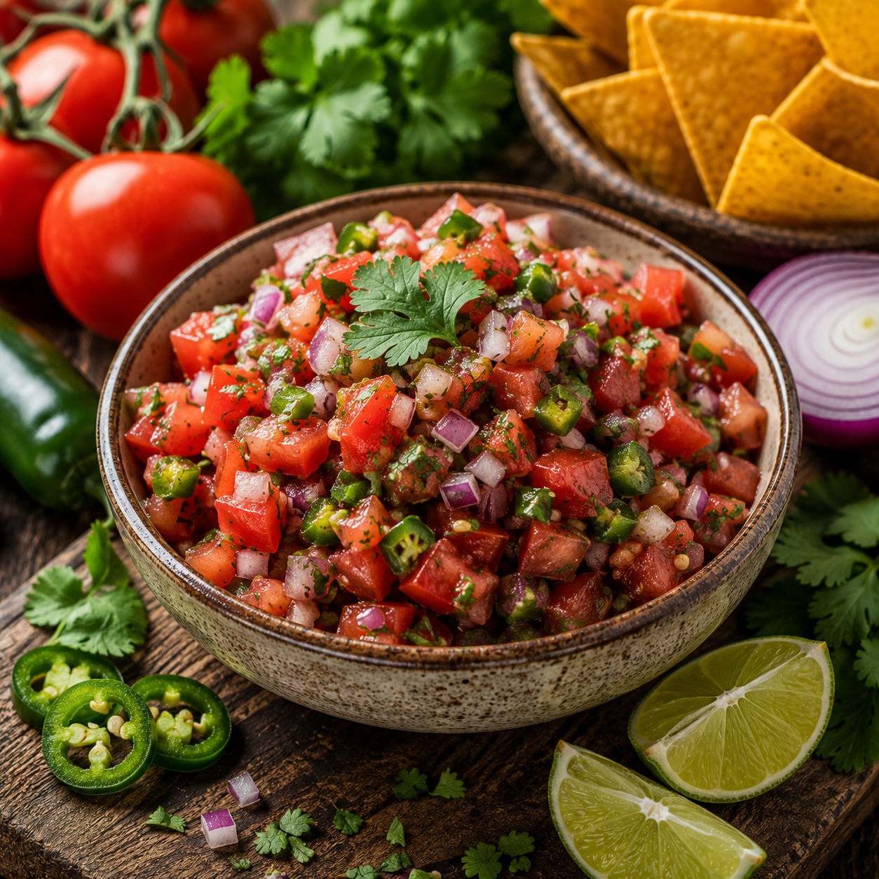 Fruchtige Tomaten-Salsa mit Jalapeños, roten Zwiebeln und frischem Koriander