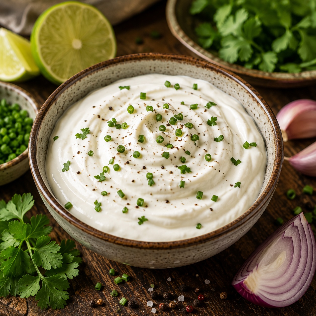 Cremiger Sour-Cream-Dip mit frischen Kräutern als klassische Beilage zu Tacos und Nachos