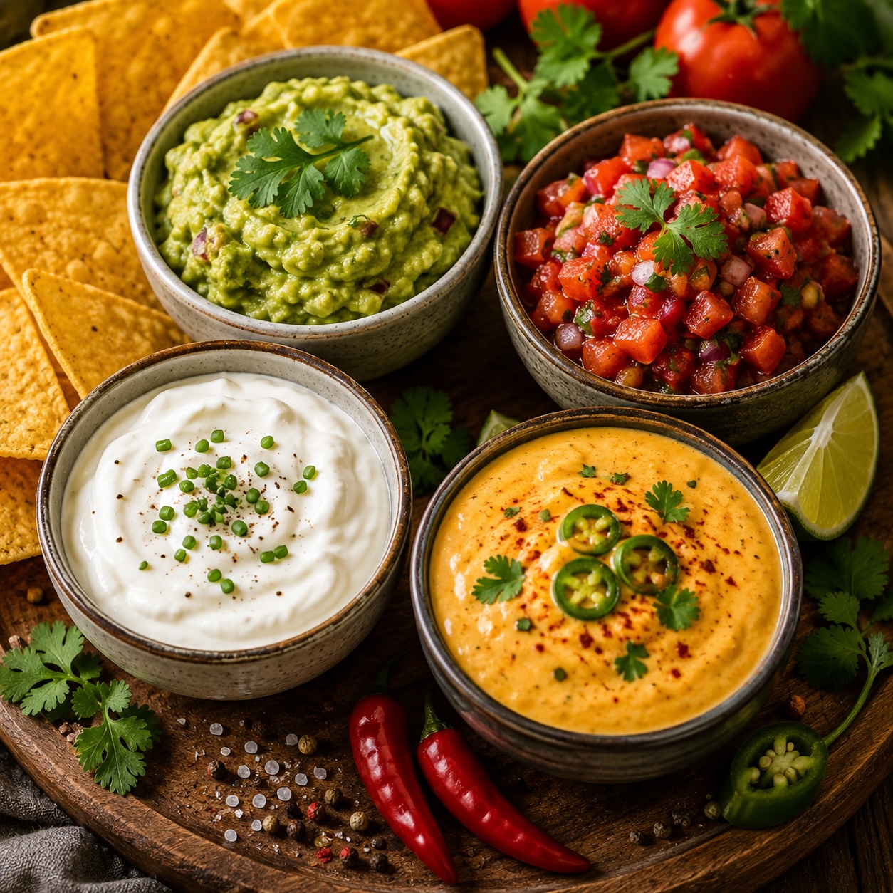 Guacamole, Salsa, Sour Cream und Käsedip in kleinen Schalen