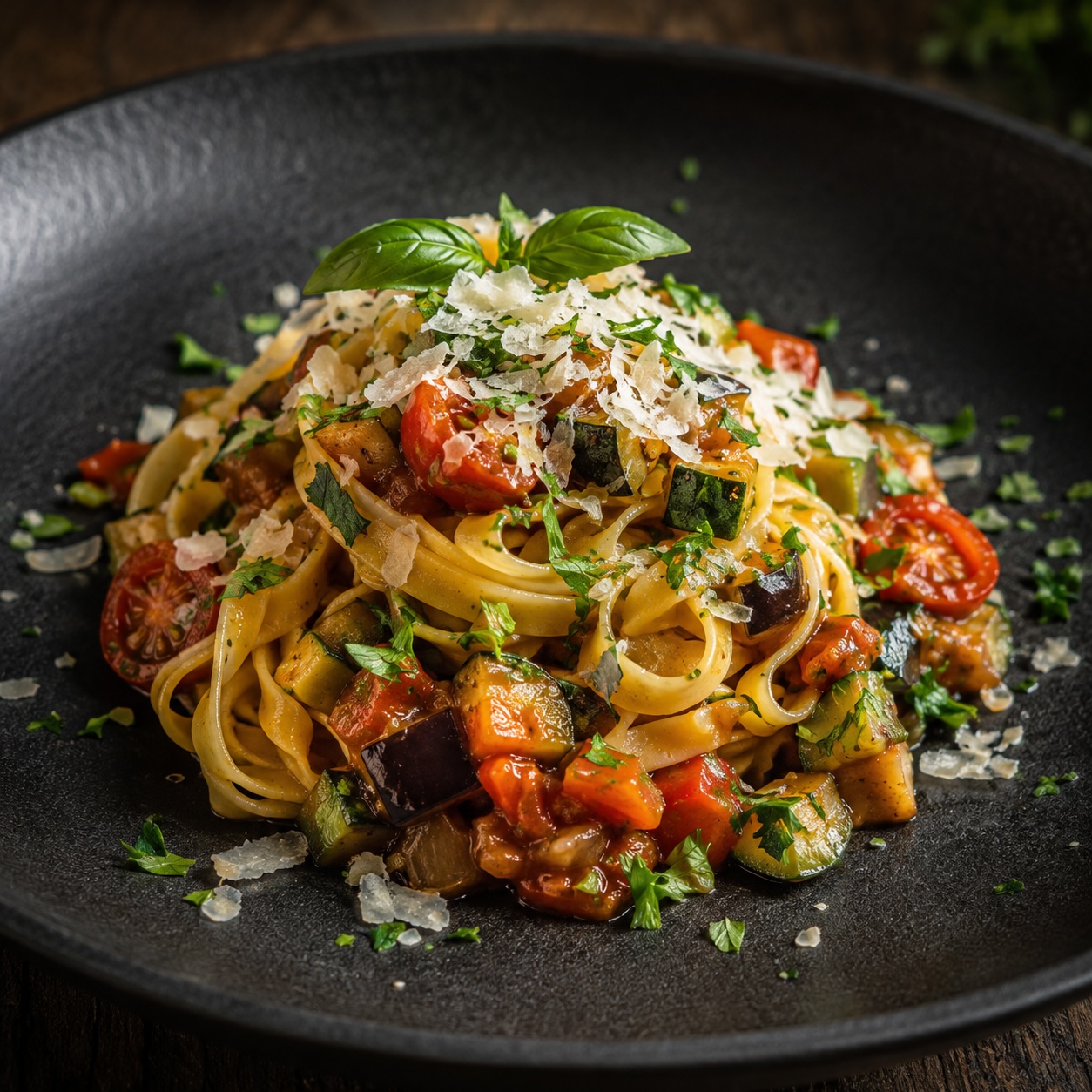 Tagliatelle mit geschmortem Gemüse-Sugo, Grana und frischen Kräutern