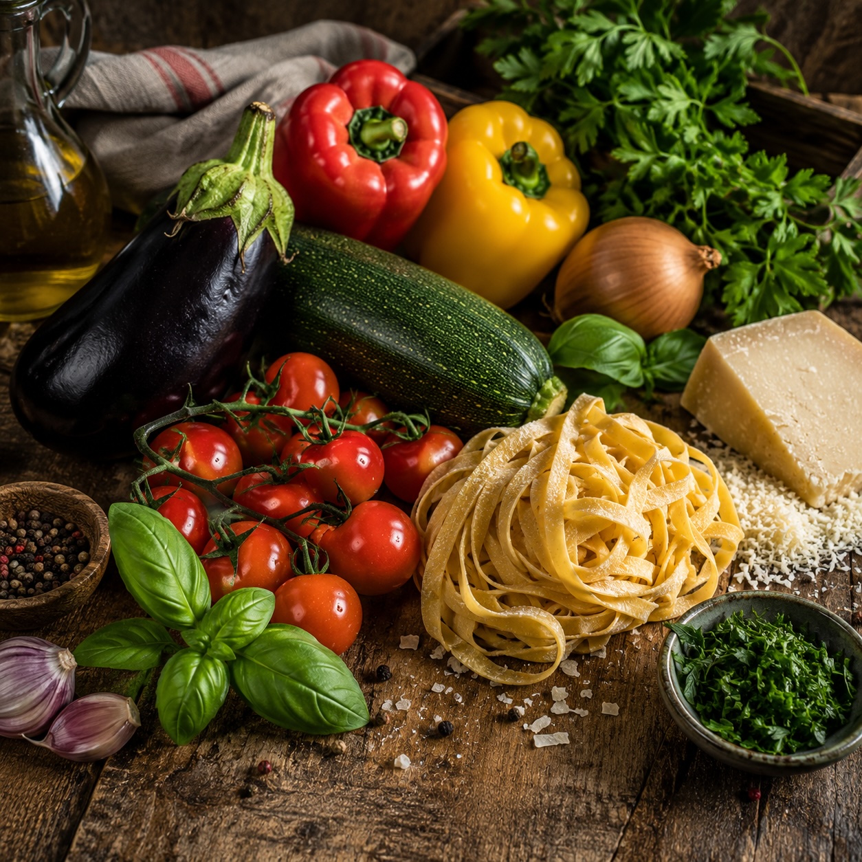 Frische Zutaten für Tagliatelle mit Gemüse-Sugo