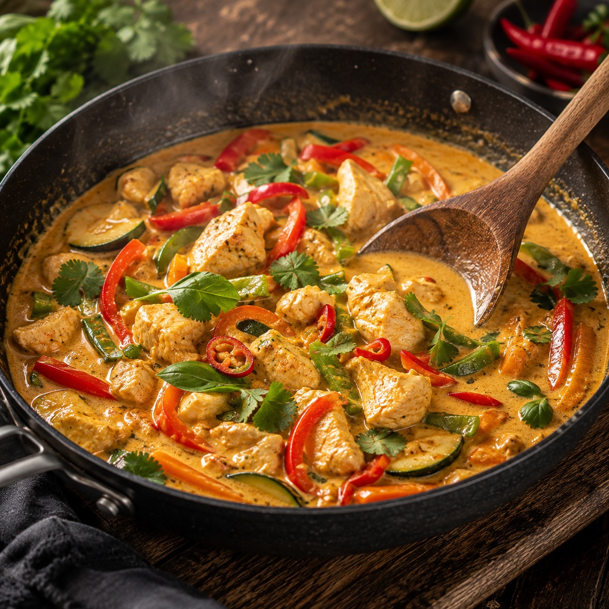 Thai-Curry mit Gemüse und Kokosmilch in der Pfanne