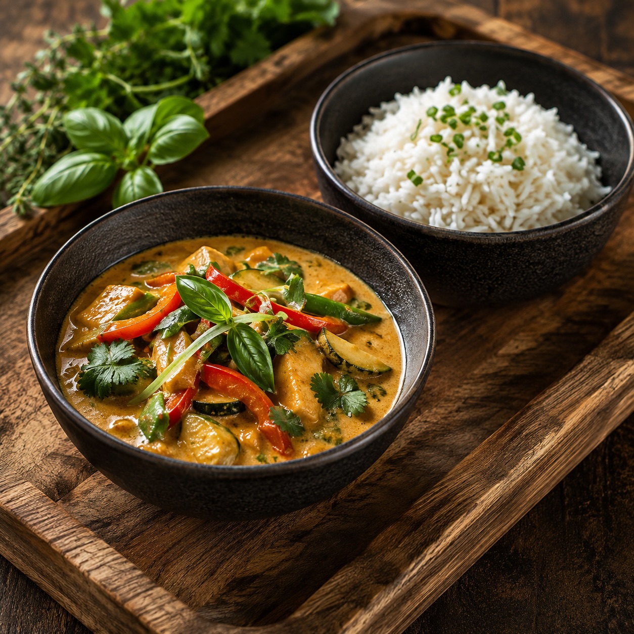 Hausgemachtes Thai-Curry mit Duftreis auf einem Holztablett