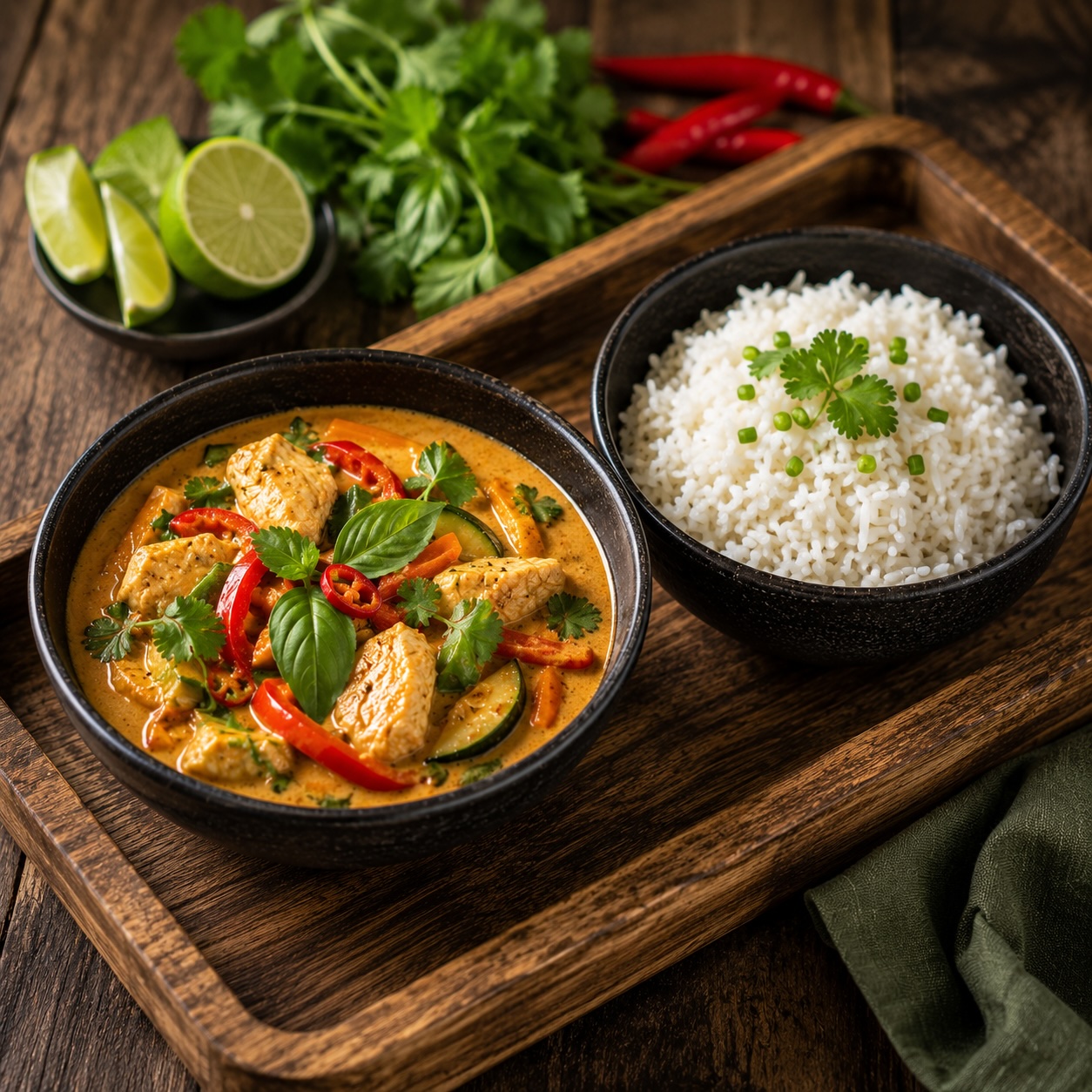 Steirisches Thai-Curry mit separat serviertem Duftreis auf einem Holztablett