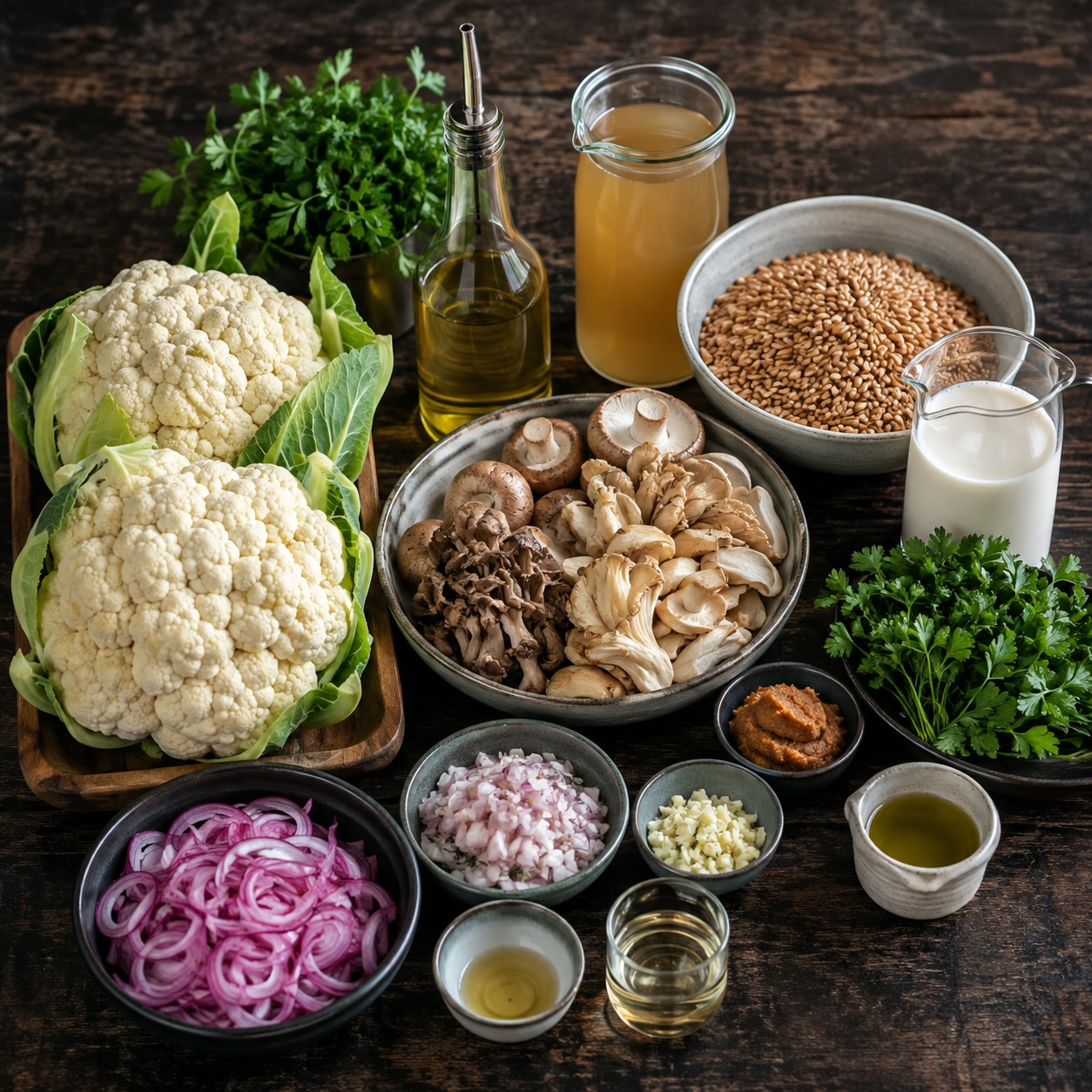 Zutaten für gerösteten Karfiol mit Weizen-Risotto